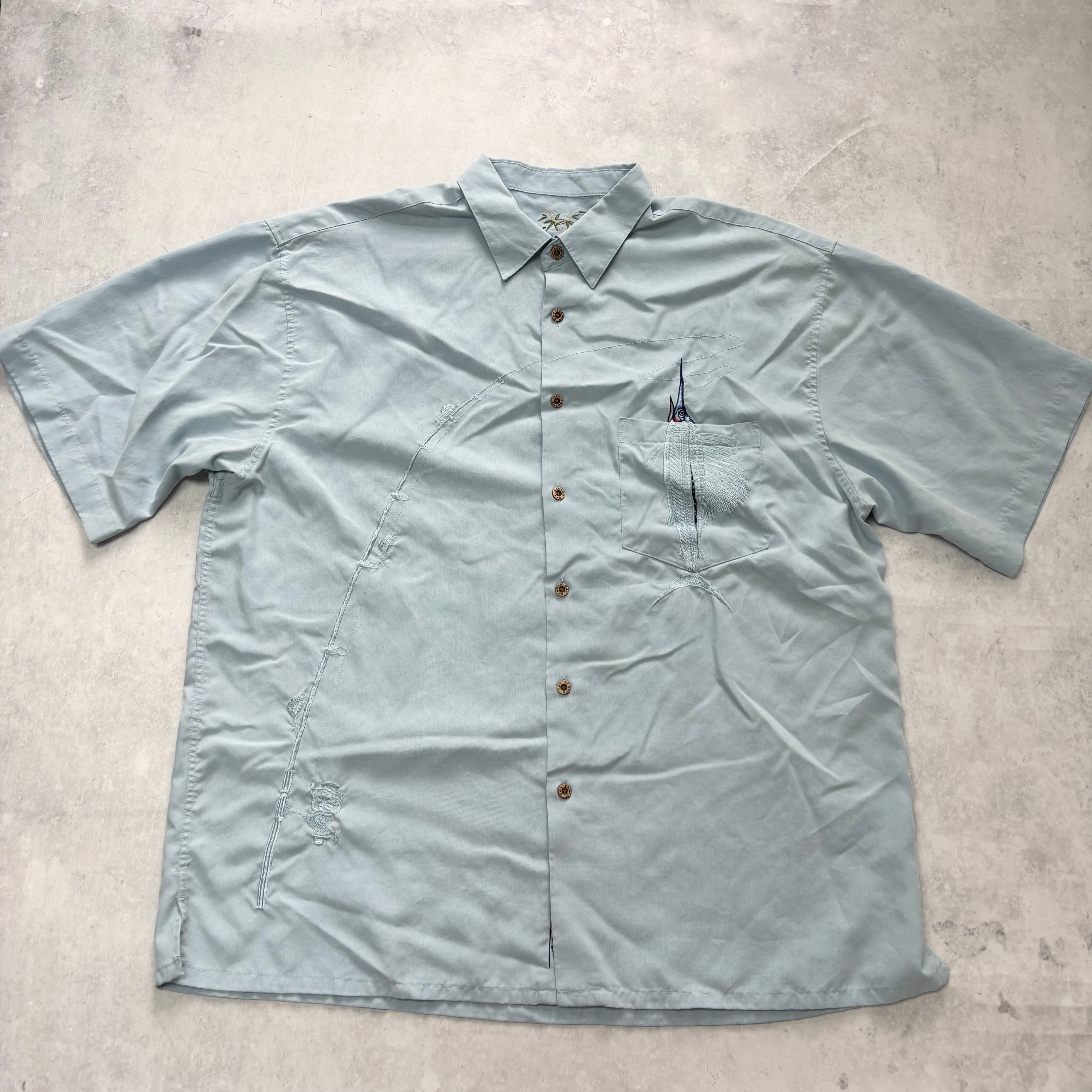Vintage Shirt Mens XXL Blue Abstract Funky Short Sleeve Fishing (E)