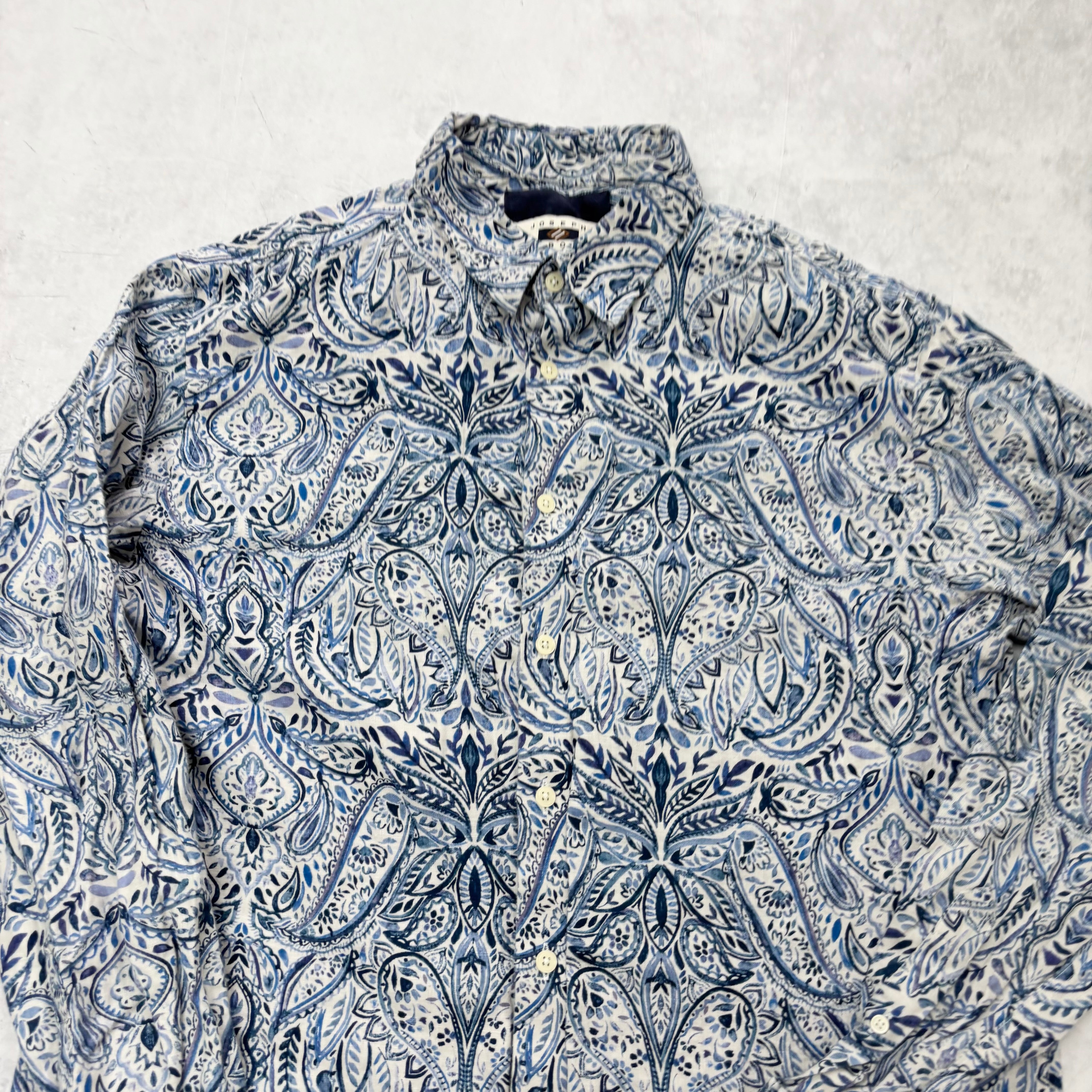 Mens Patterned Shirt Large Blue Abstract Print Long Sleeve Linen (E)