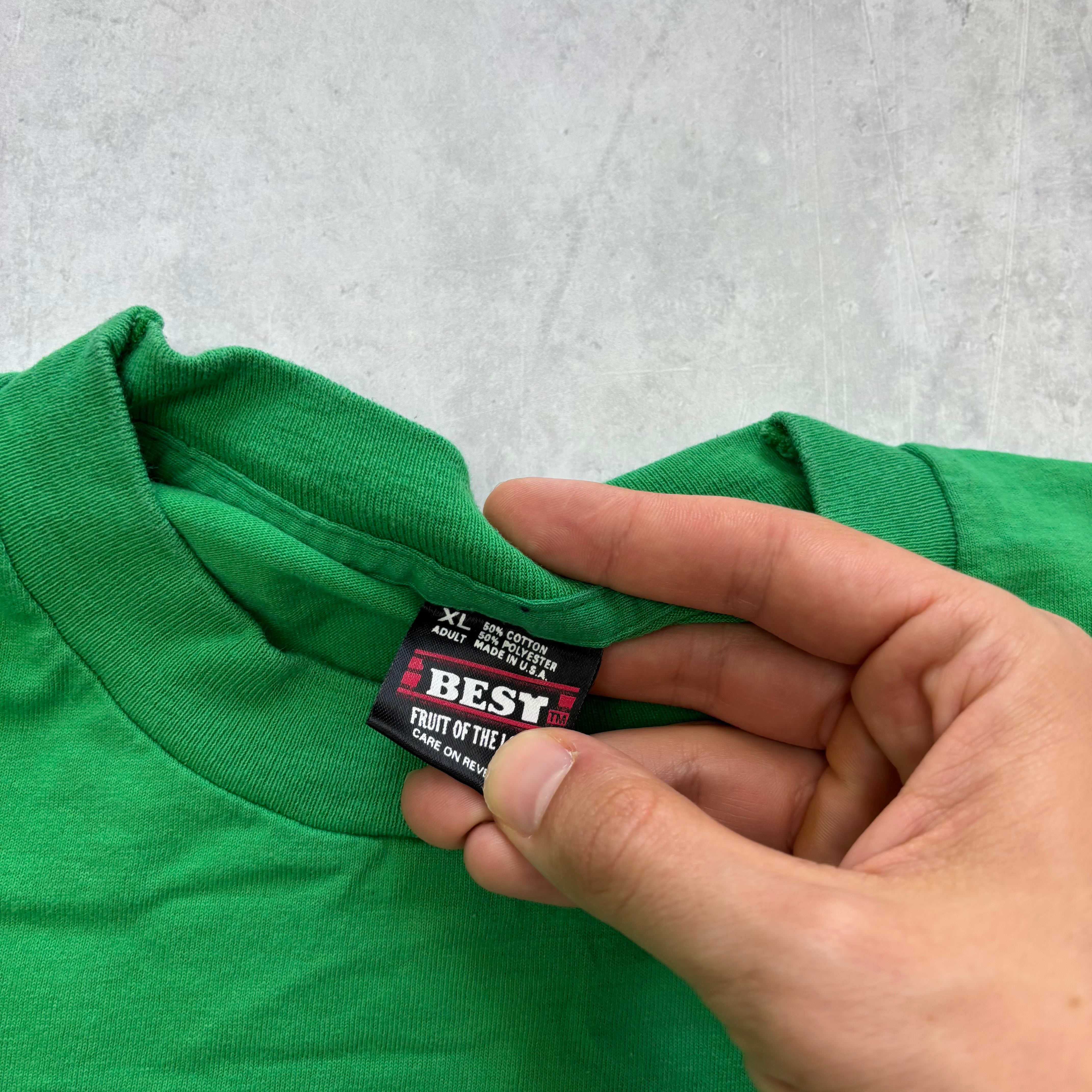 Vintage T Shirt Mens XL Green Single Stitch Graphic Print 90s Paddys (E)