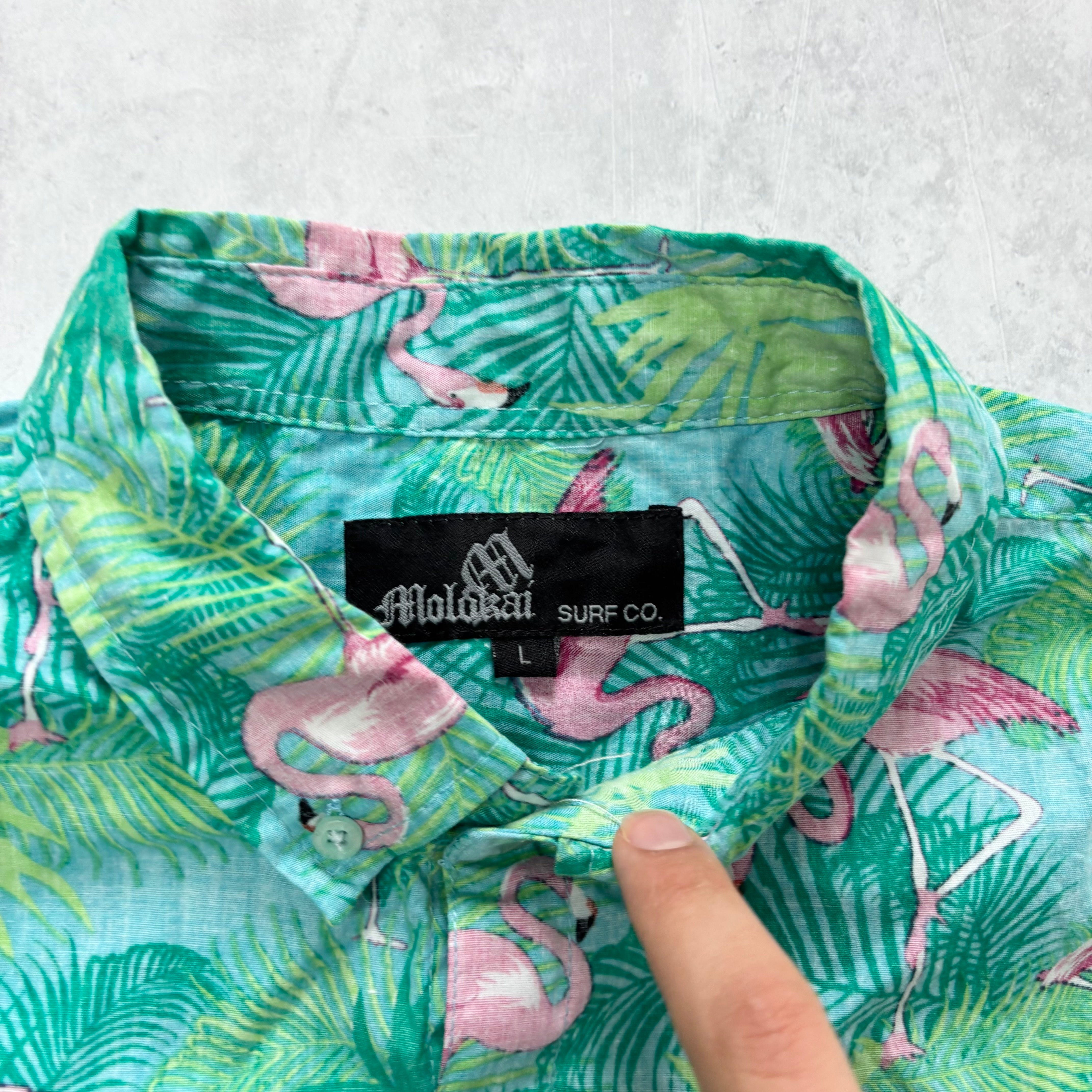 Hawaiian Shirt Mens Large Green Floral Aloha Short Sleeve Cotton (E)