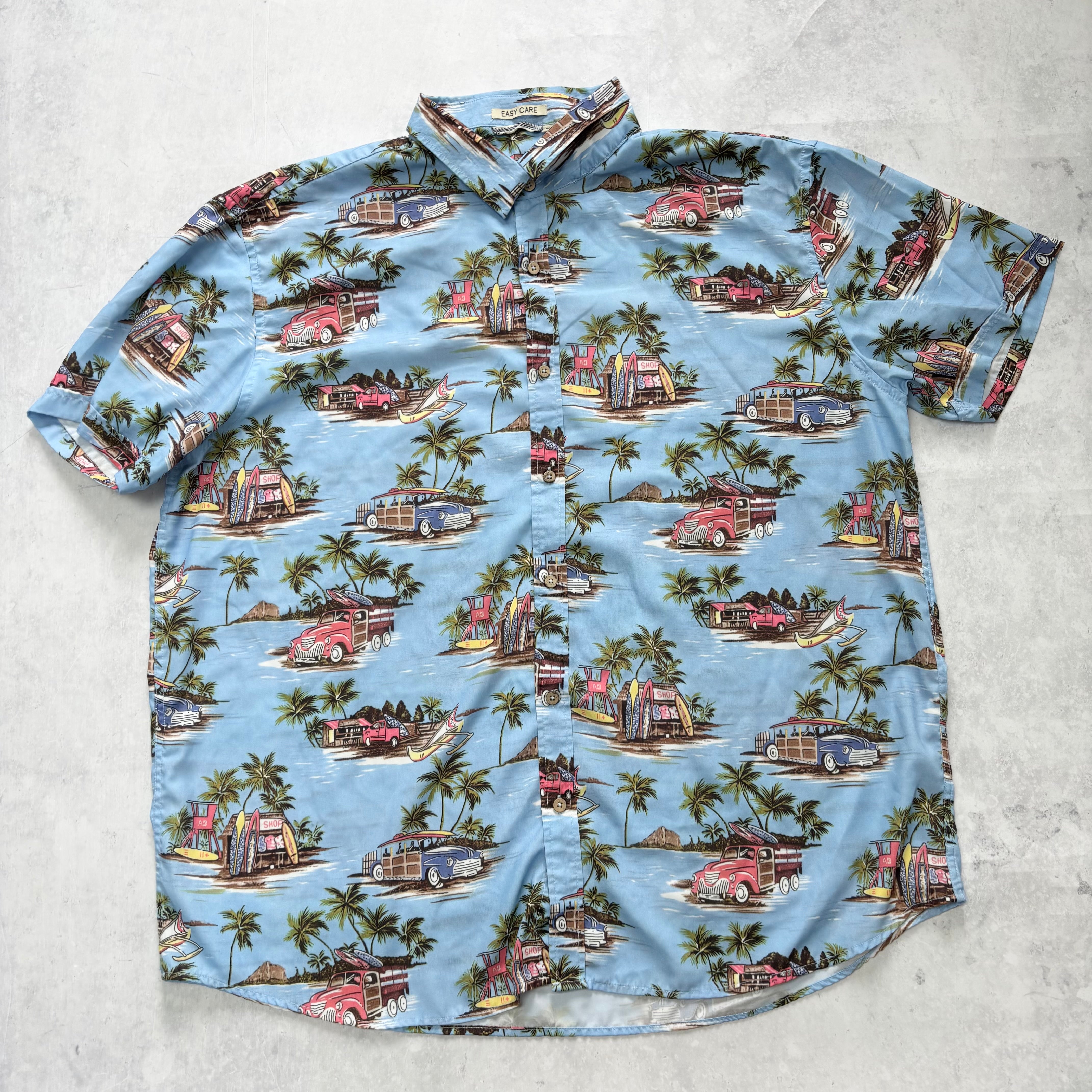 Hawaiian Shirt Mens XXL Blue Floral Aloha Short Sleeve Polyester (E)