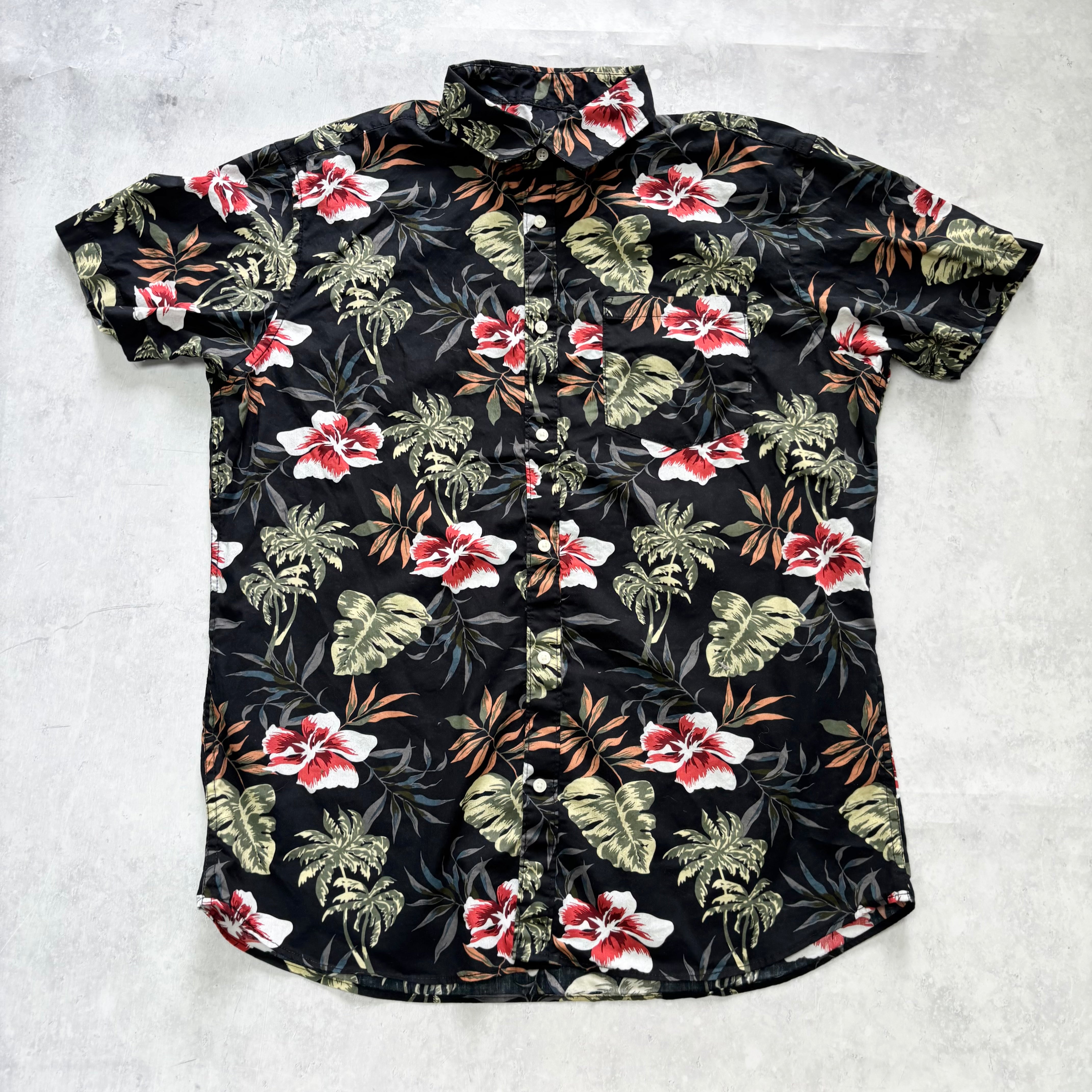 Hawaiian Shirt Mens XL Black Floral Aloha Short Sleeve Cotton (E)