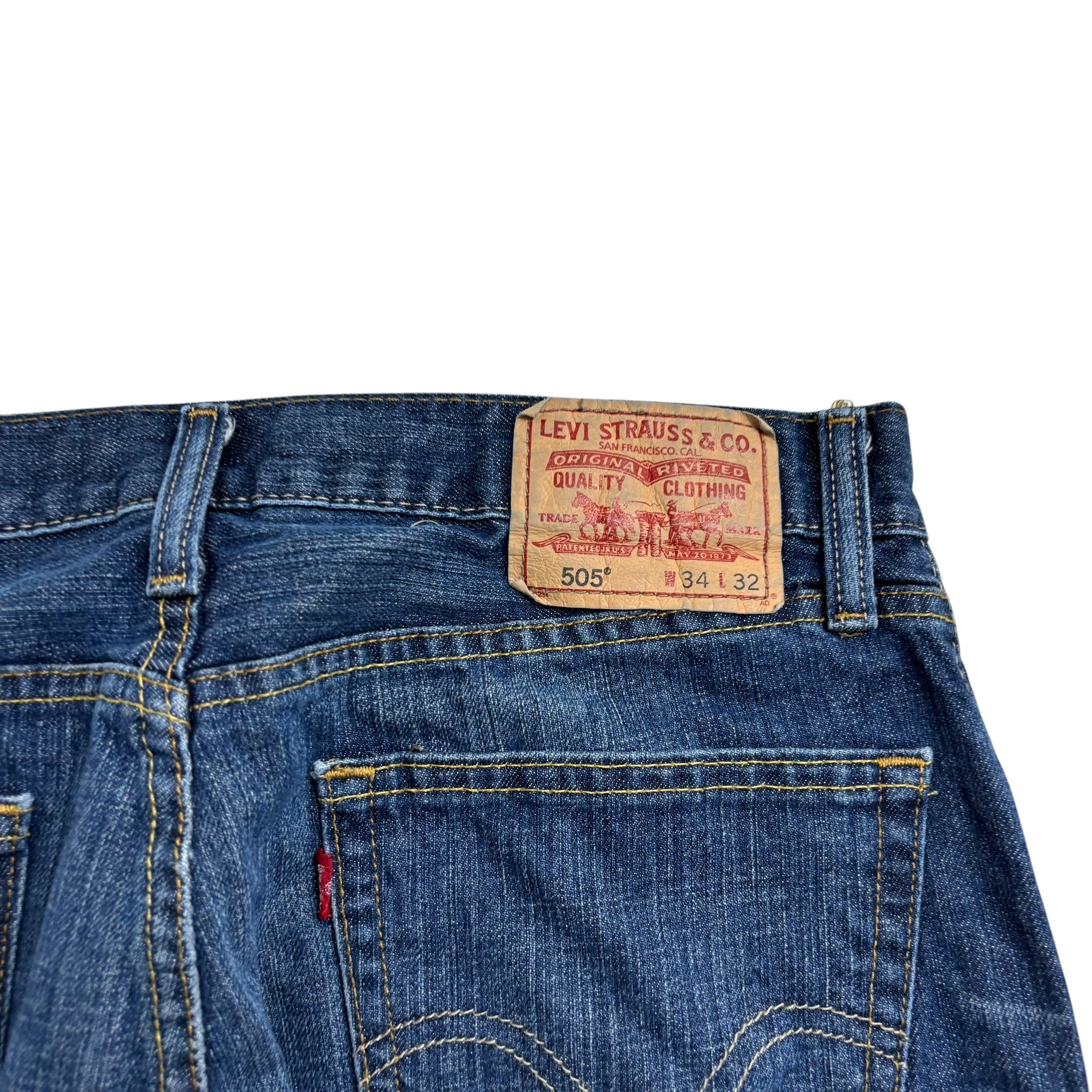 Levis 505 Jeans W34 L32 Mens Dark Blue Regular Straight Fit Vintage Denim (E)