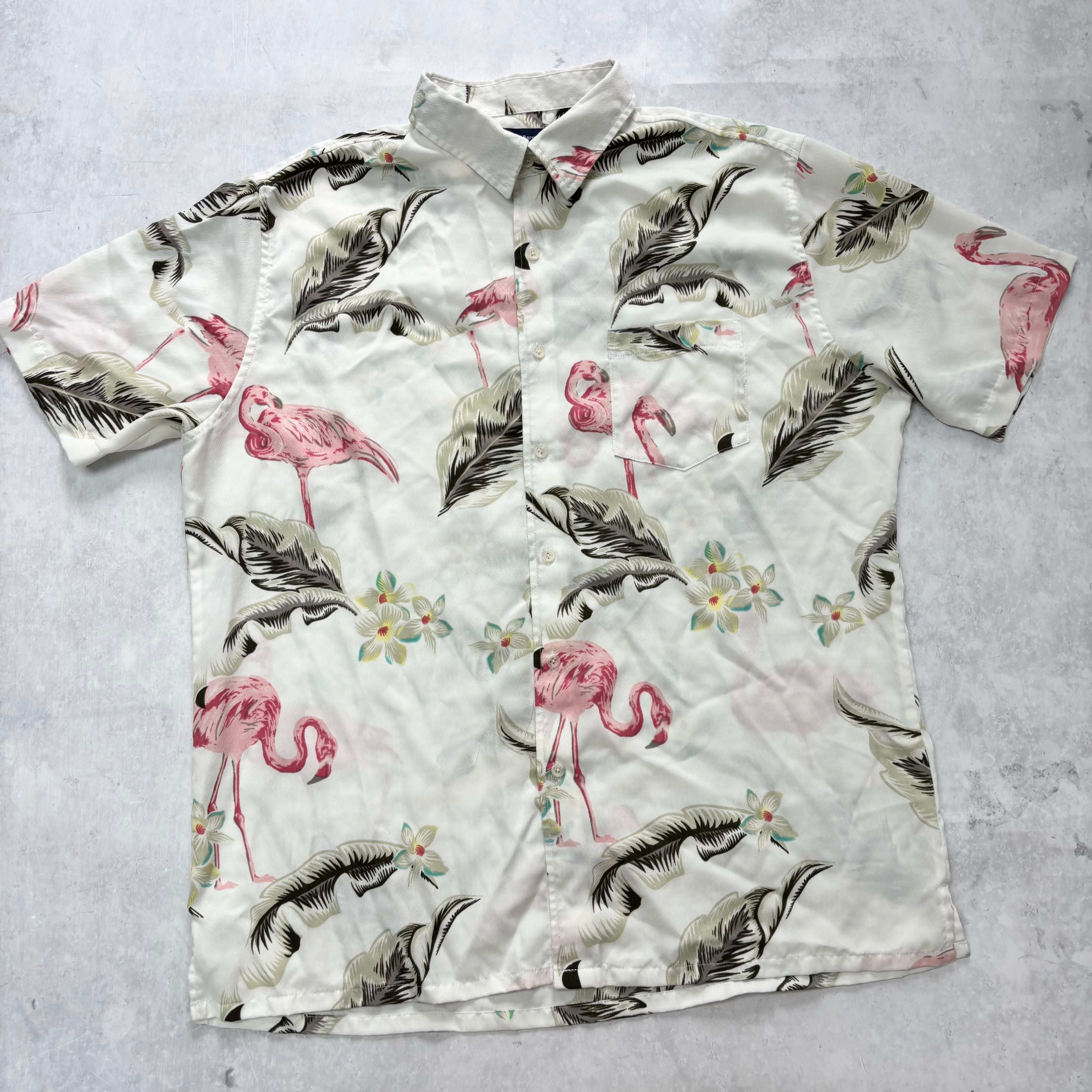 Hawaiian Shirt Mens Large White Floral Aloha Short Sleeve Polyester (E)
