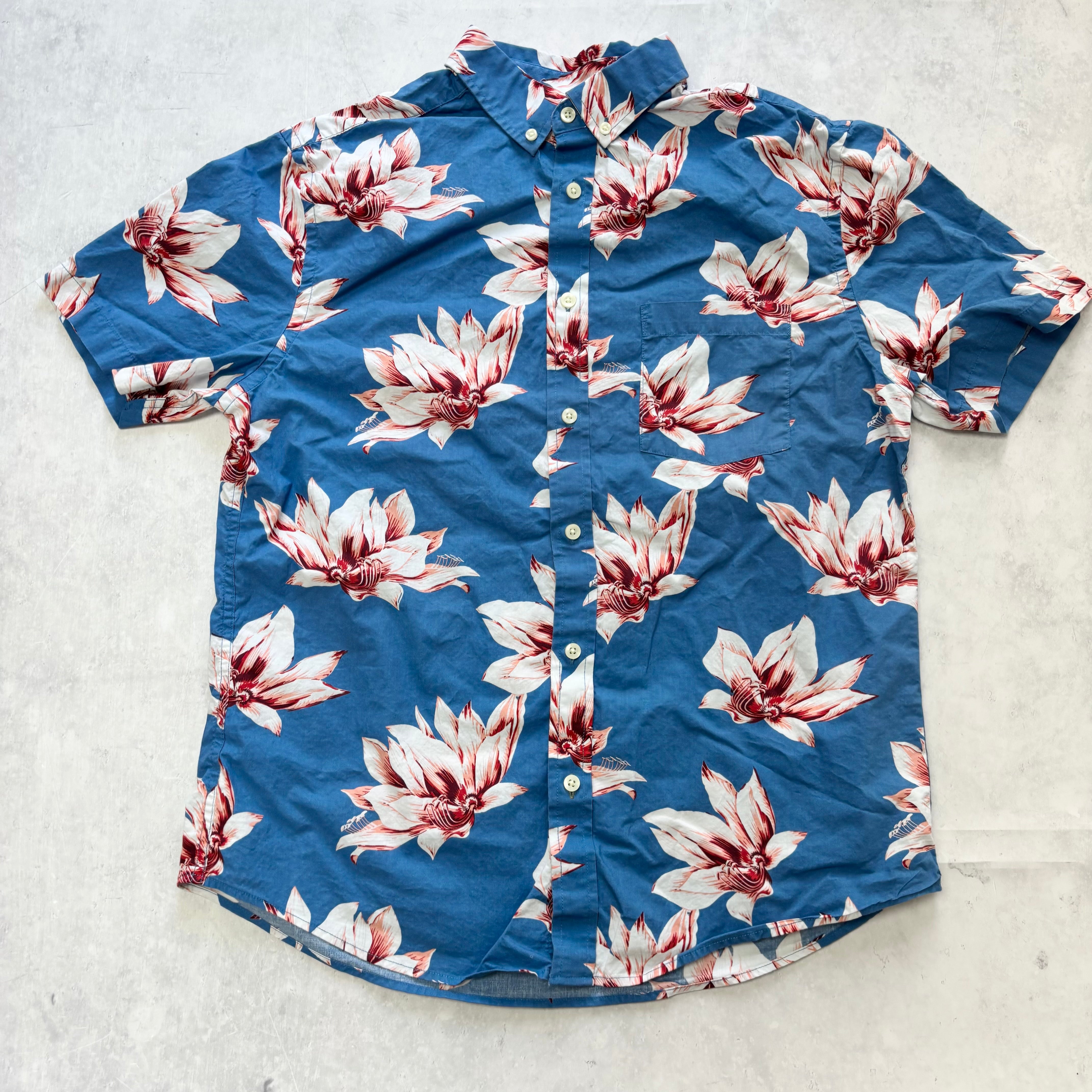 Hawaiian Shirt Mens Medium Blue Floral Short Sleeve Cotton Regular Fit (E)
