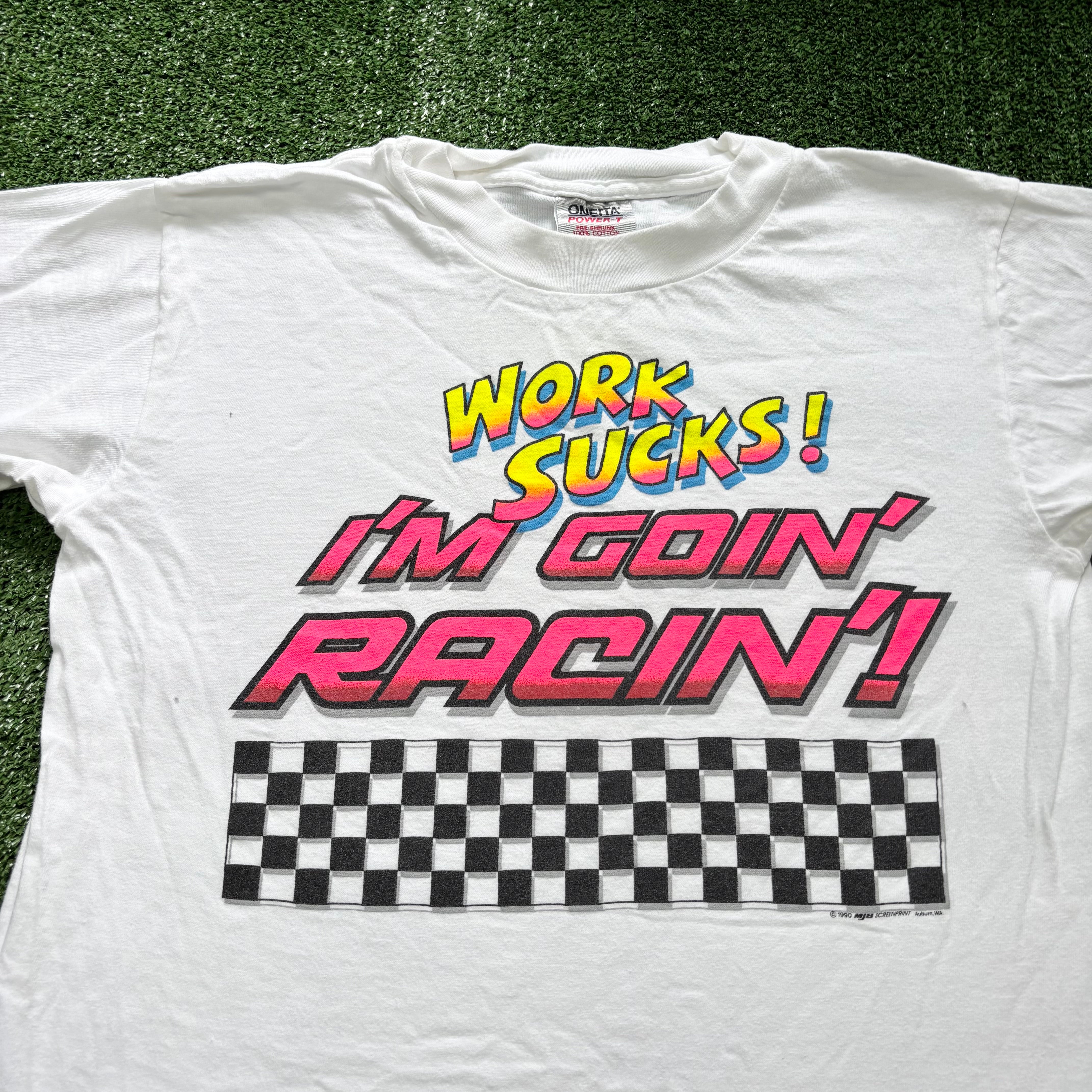 Vintage T Shirt Mens Medium White Single Stitch Graphic Print 90s Racing (E)