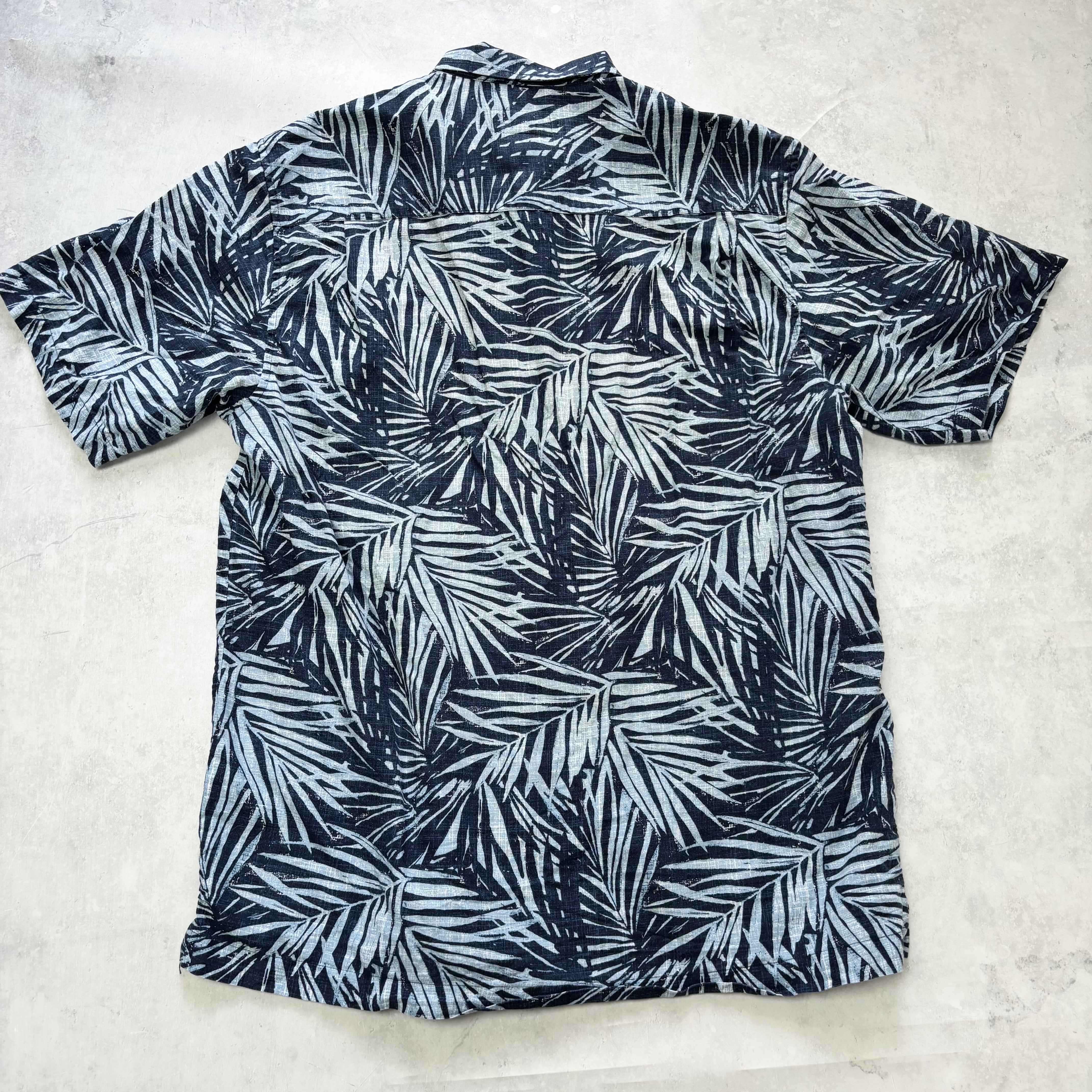 Eddie Bauer Hawaiian Shirt Mens Medium Tall Blue Floral Aloha Linen Vintage (E)