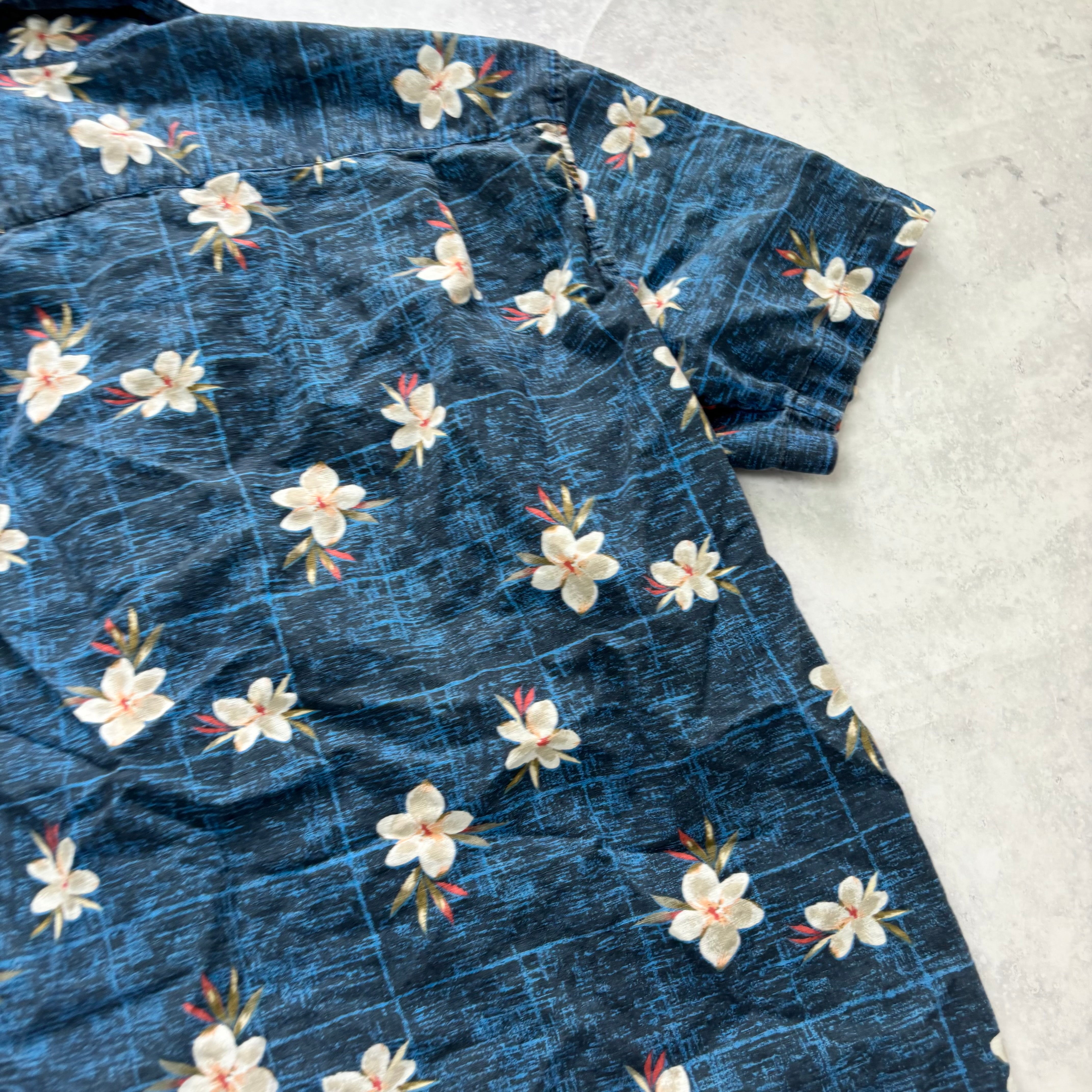 Hawaiian Shirt Mens XL Blue Floral Aloha Short Sleeve Linen Blend (E)