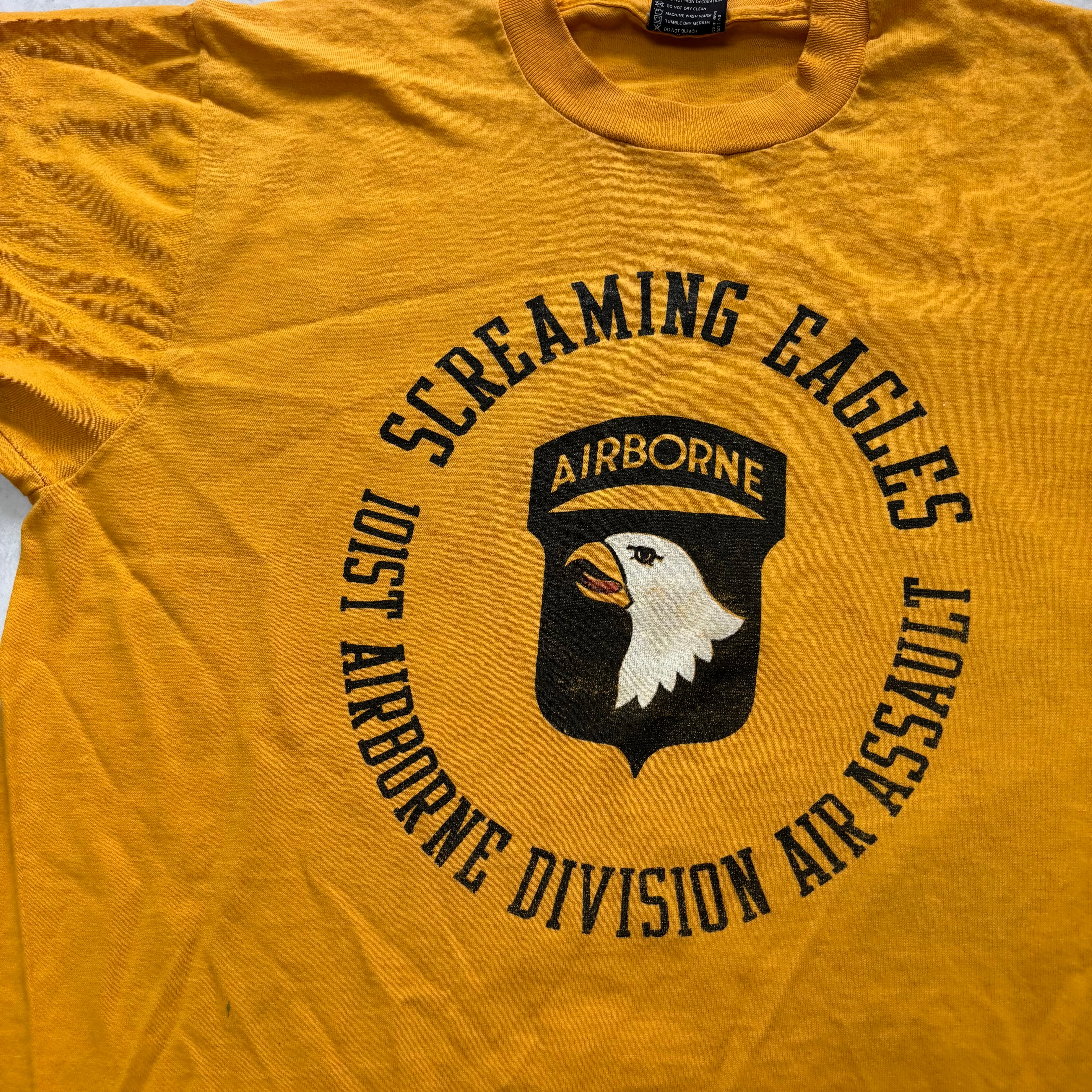 Vintage T Shirt Mens Medium Yellow Single Stitch Graphic Print 90s USA Airborne