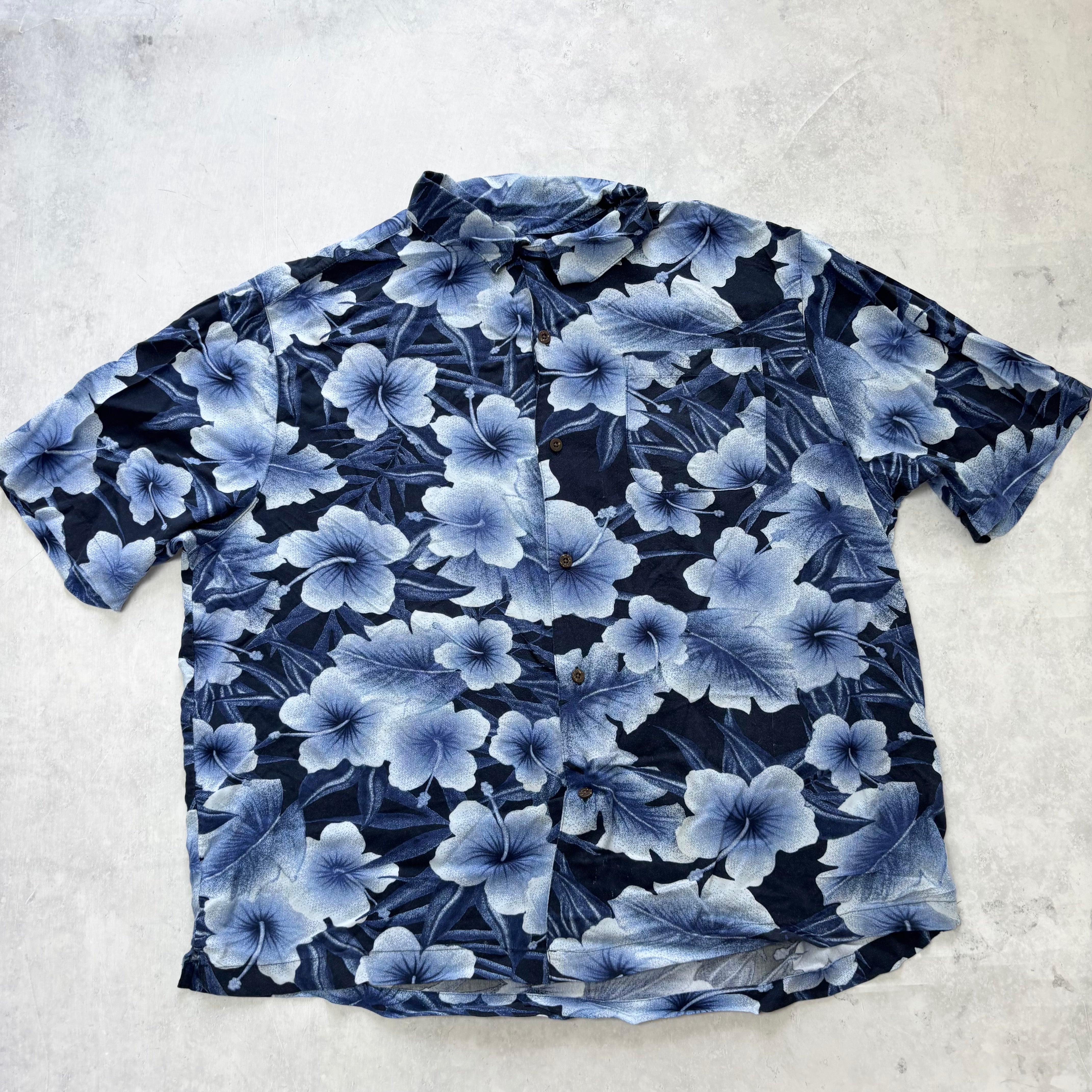 Hawaiian Shirt Mens XXL Blue Floral Aloha Short Sleeve Rayon (E)