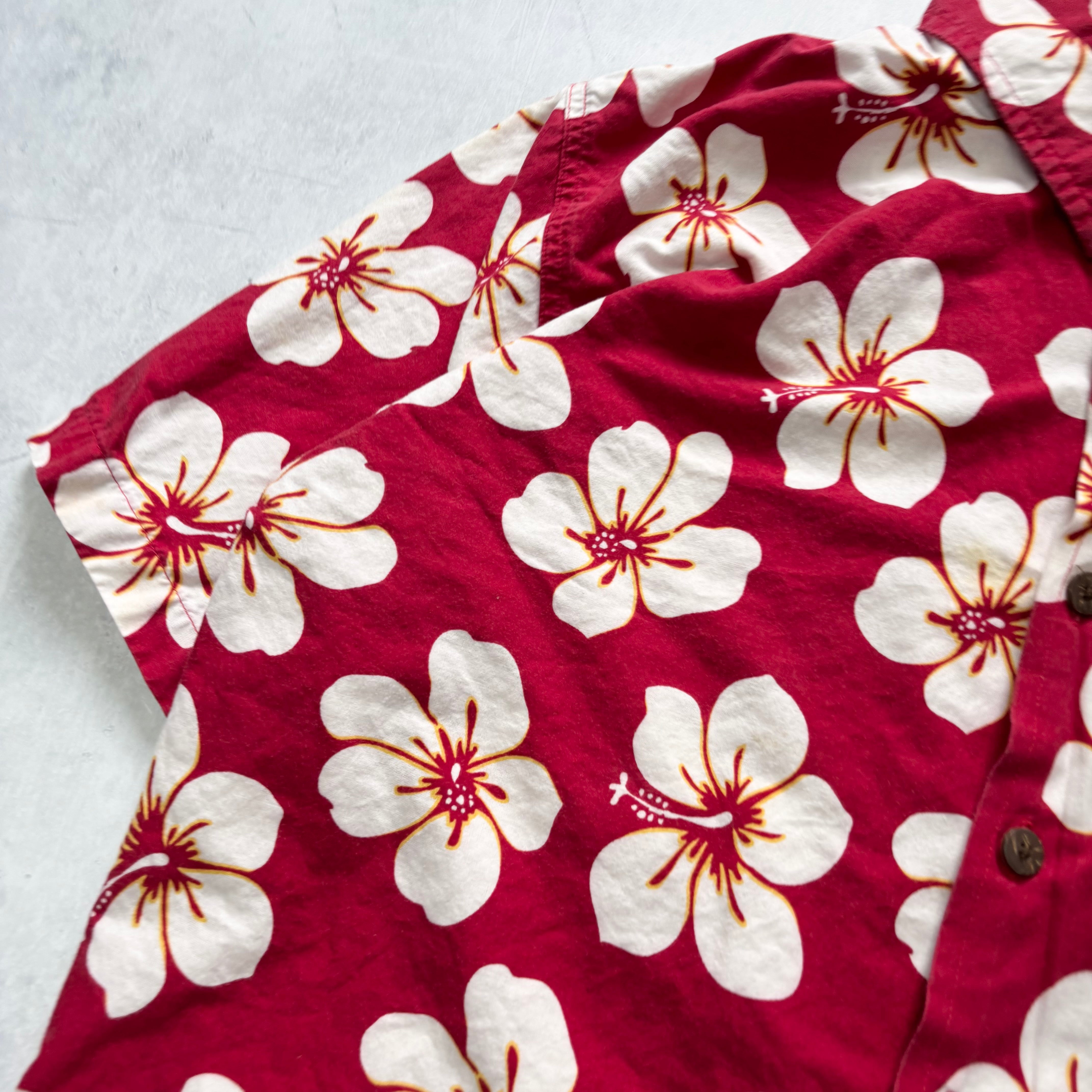 Vintage Hawaiian Shirt Mens Large Red Floral Aloha Short Sleeve Cotton (E)