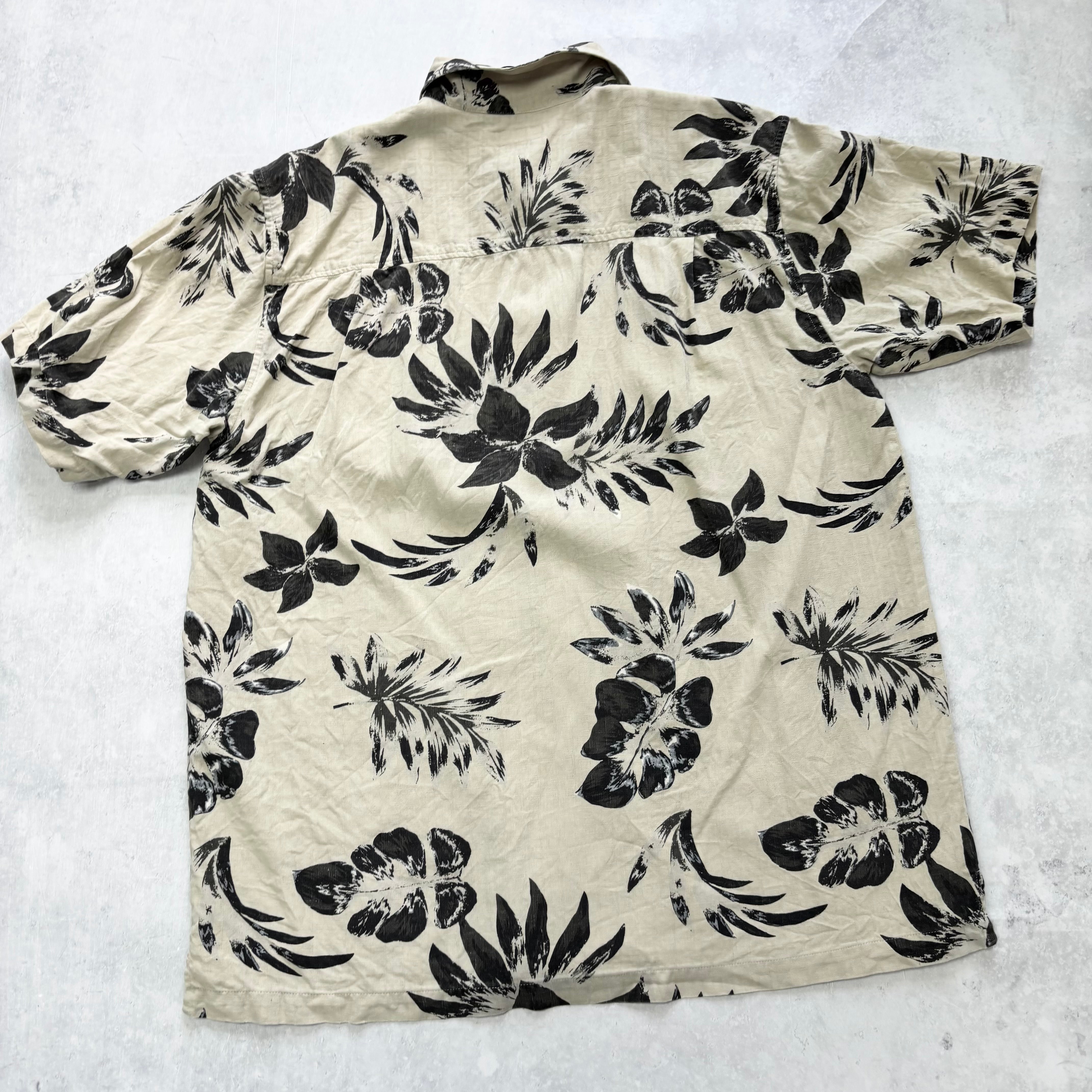 Vintage Hawaiian Shirt Mens Large Beige Silk Floral Aloha Short Sleeve (E)