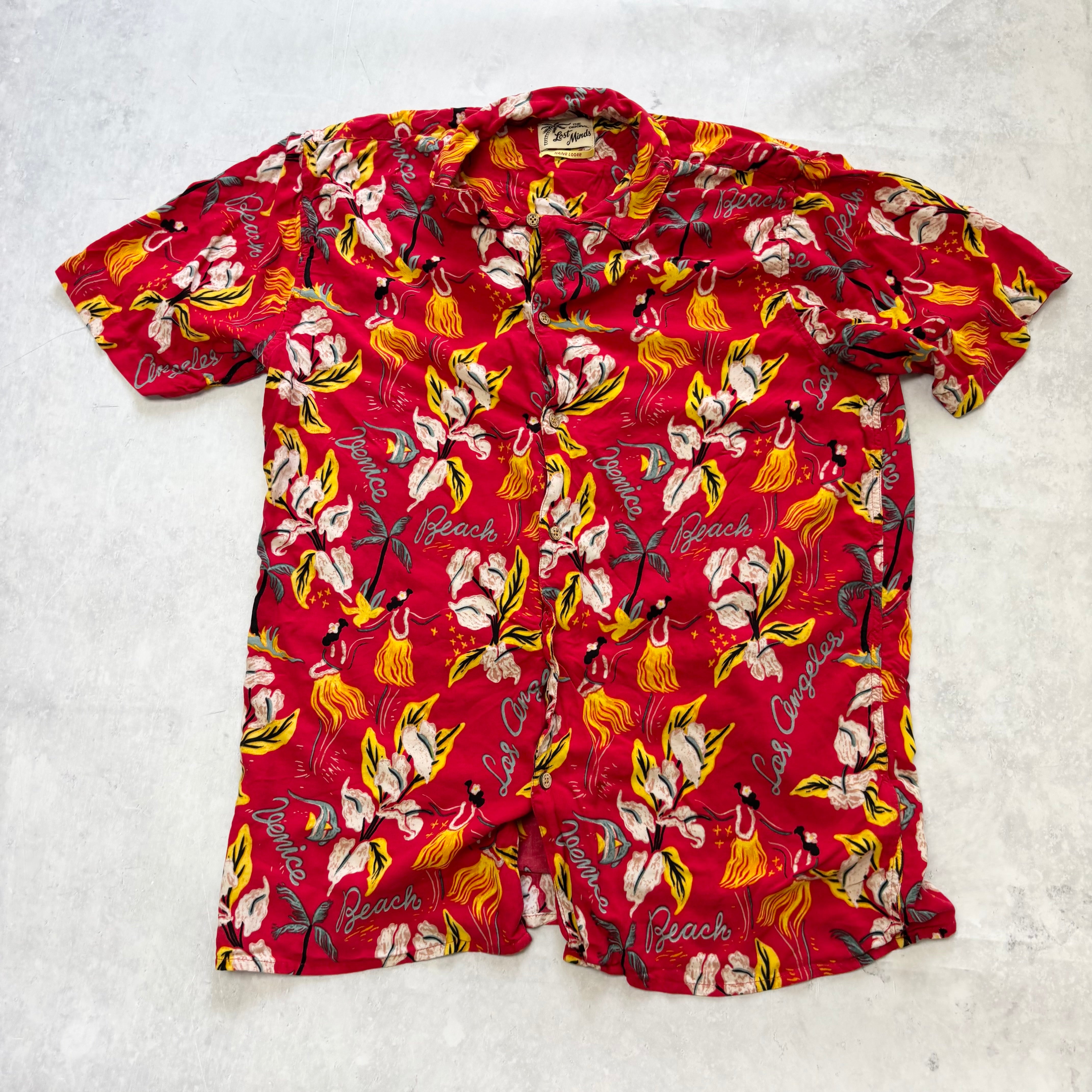 Hawaiian Shirt Mens Medium Red Floral Aloha Short Sleeve Viscose Funky (E)