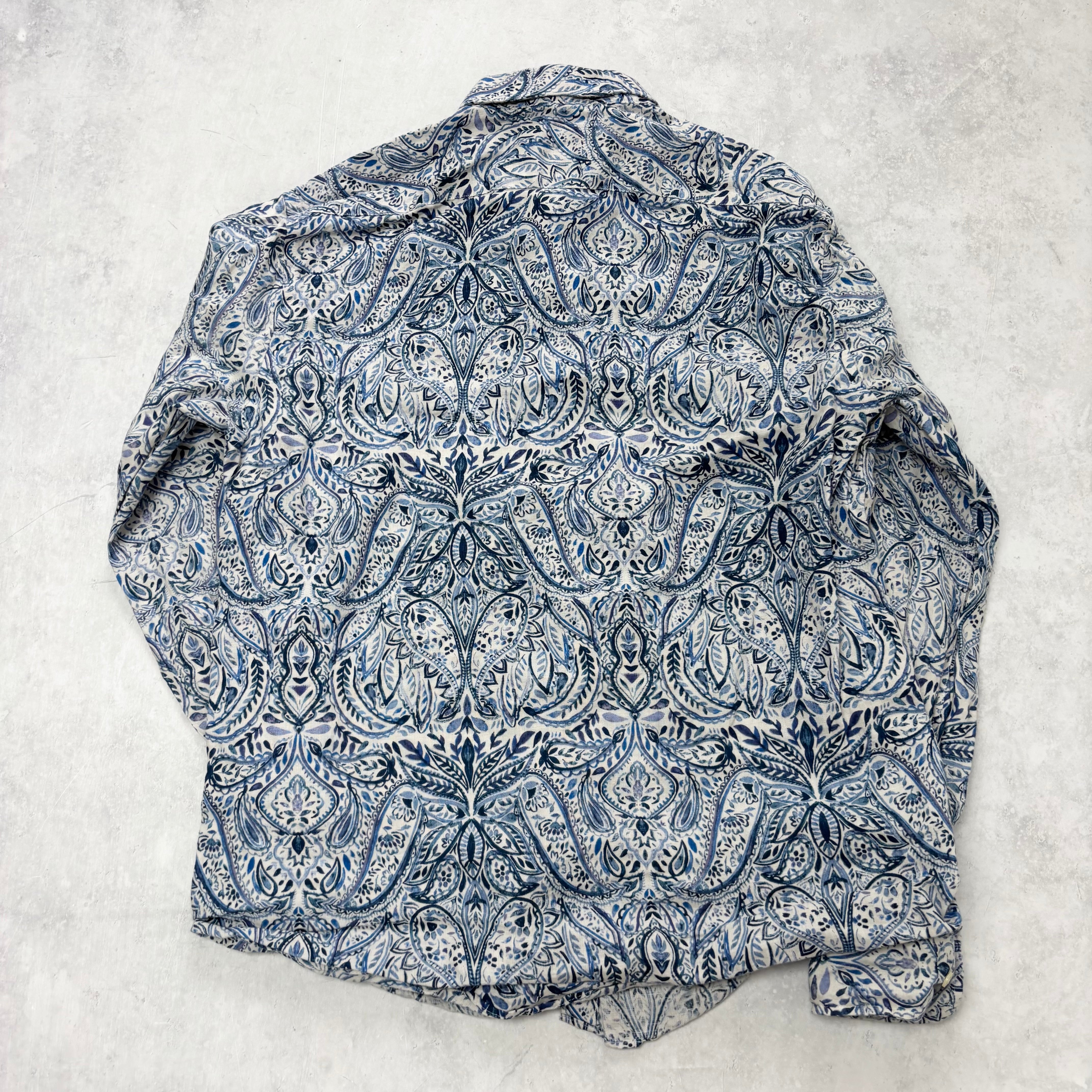 Mens Patterned Shirt Large Blue Abstract Print Long Sleeve Linen (E)