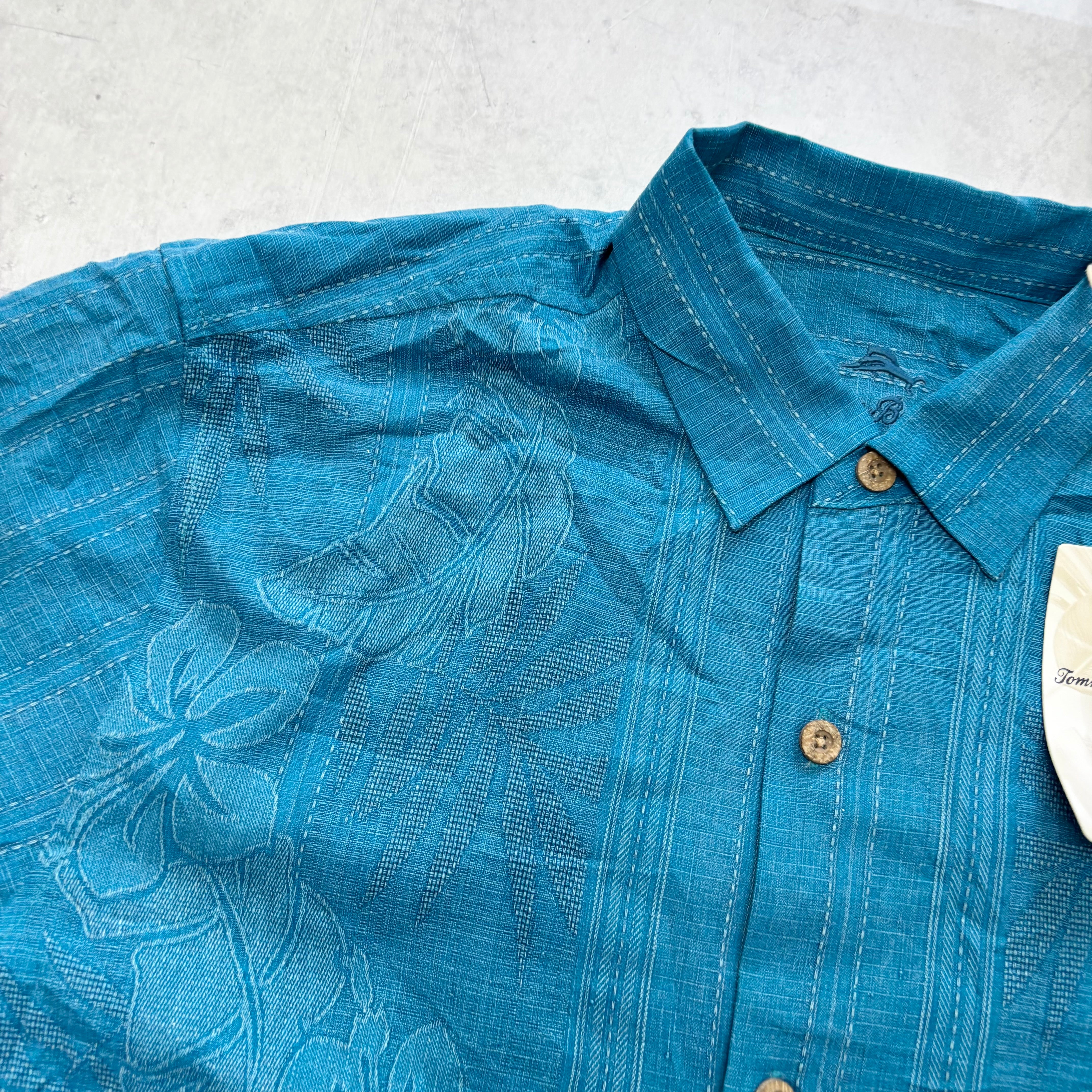 Tommy Bahama Hawaiian Shirt Mens Large Blue Silk Floral Aloha Short Sleeve (E)