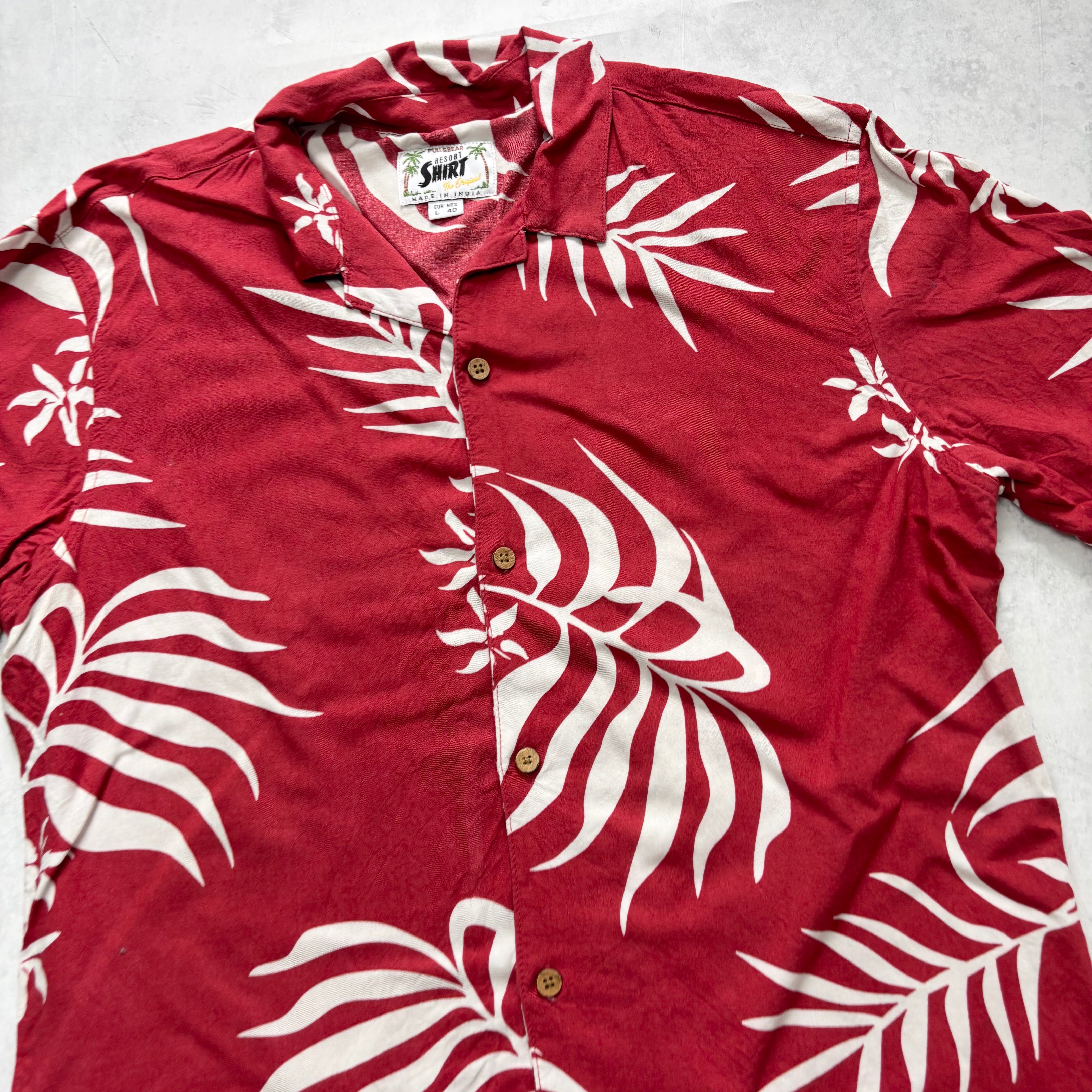 Hawaiian Shirt Mens Large Red Floral Aloha Short Sleeve Slim Fit