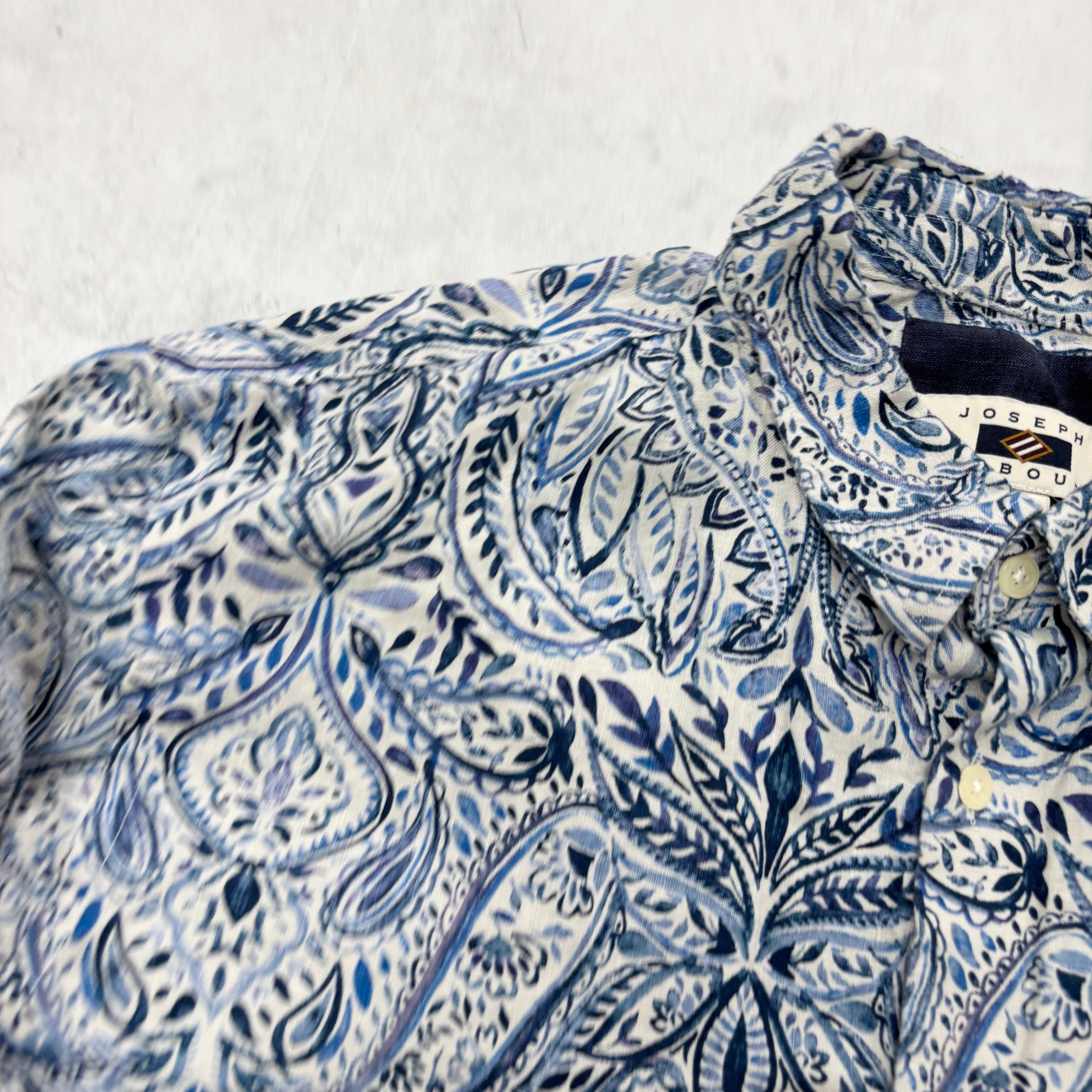 Mens Patterned Shirt Large Blue Abstract Print Long Sleeve Linen (E)