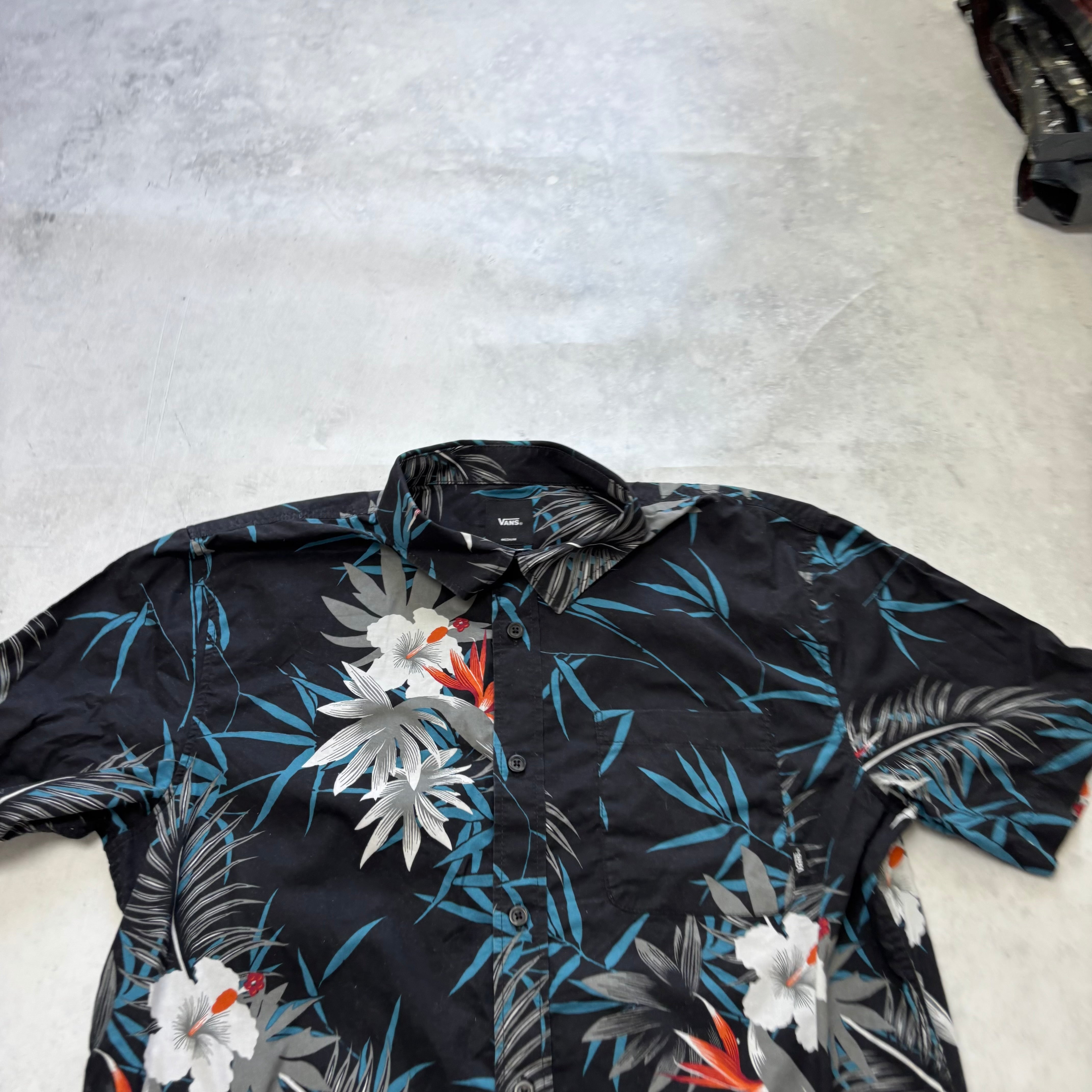 Vans Hawaiian Shirt Mens Medium Black Cotton Floral Aloha Short Sleeve (E)