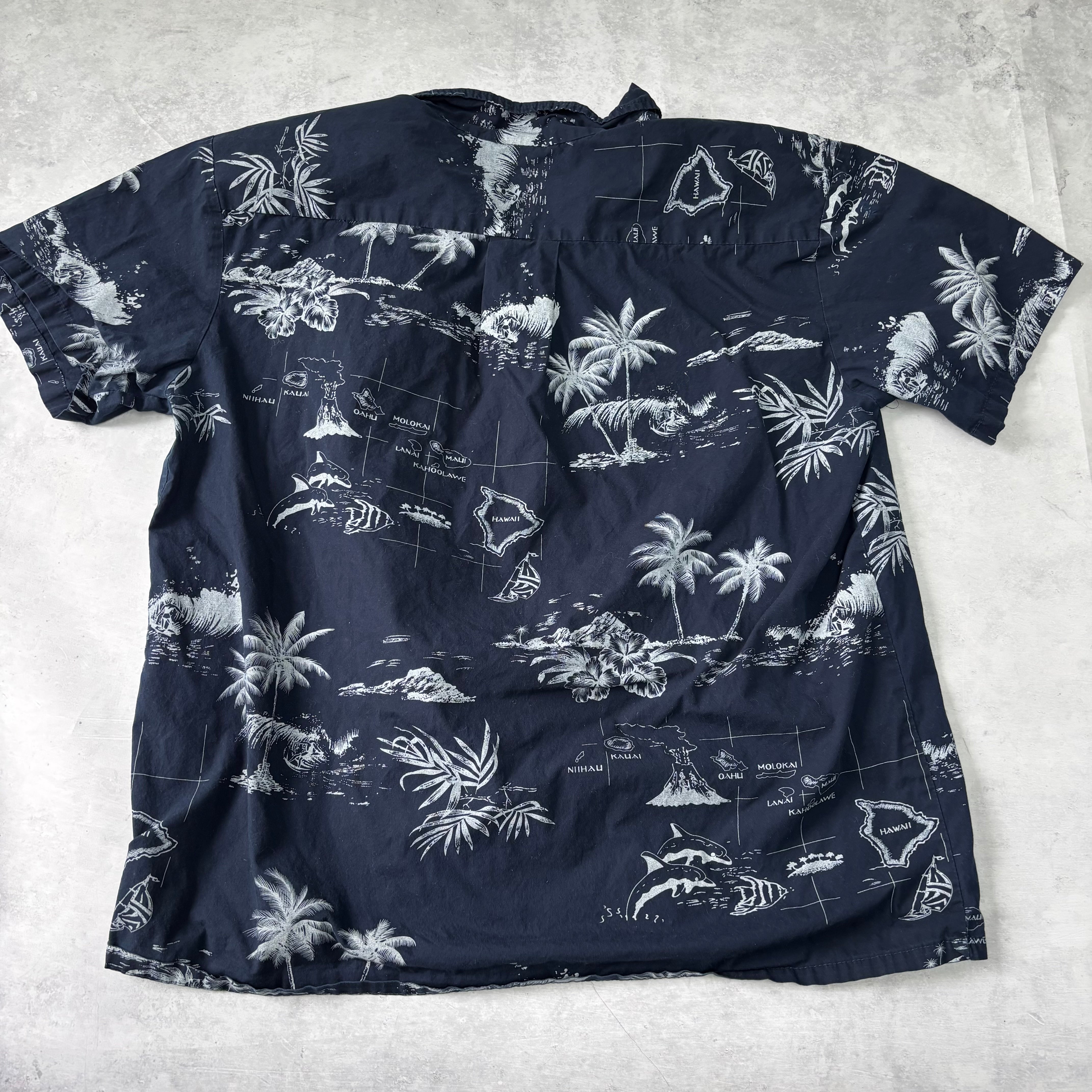 Vintage Hawaiian Shirt Mens XL Navy Blue Floral Aloha Short Sleeve (E)