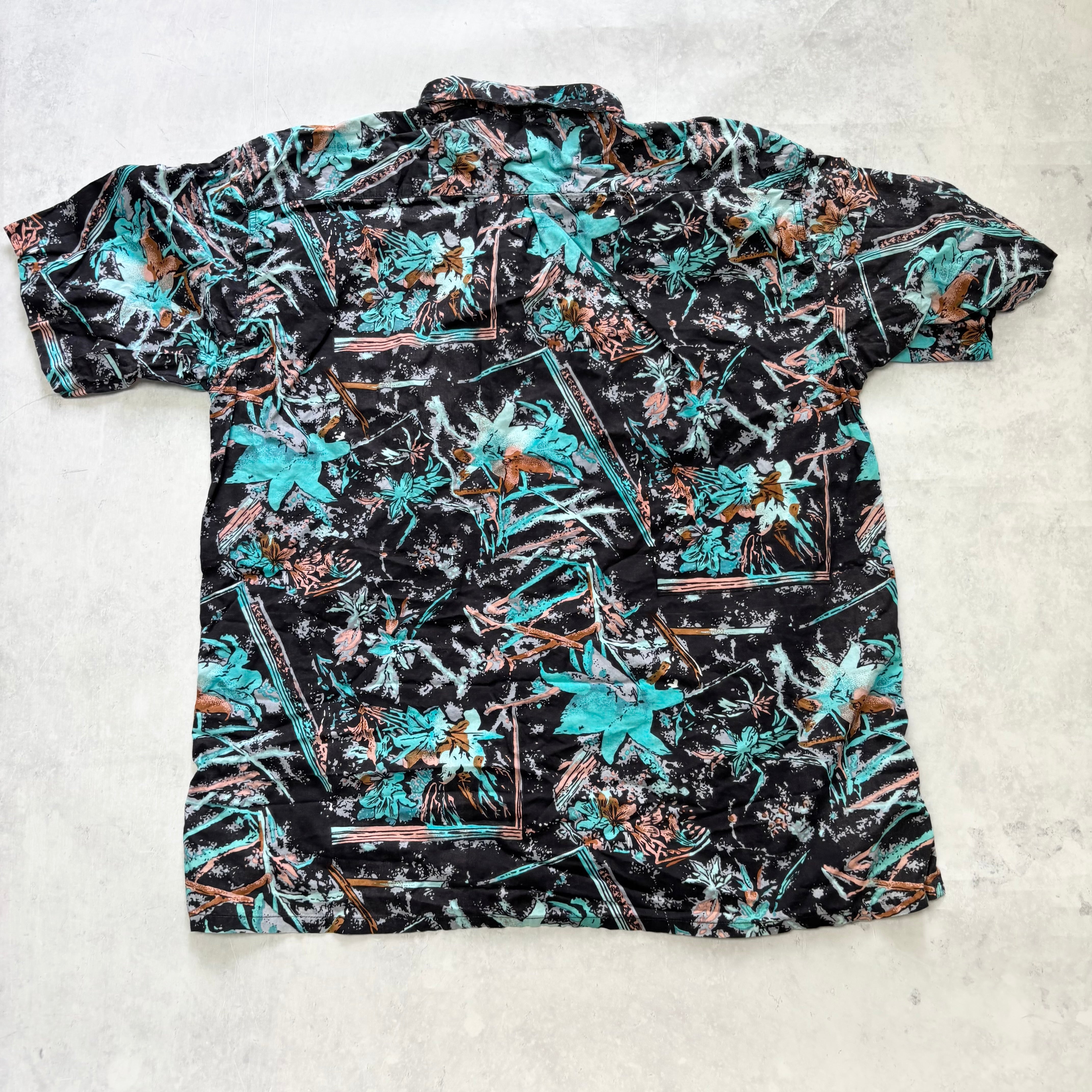 Hawaiian Shirt Mens Large Black Floral Aloha Short Sleeve Cotton Funky (E)