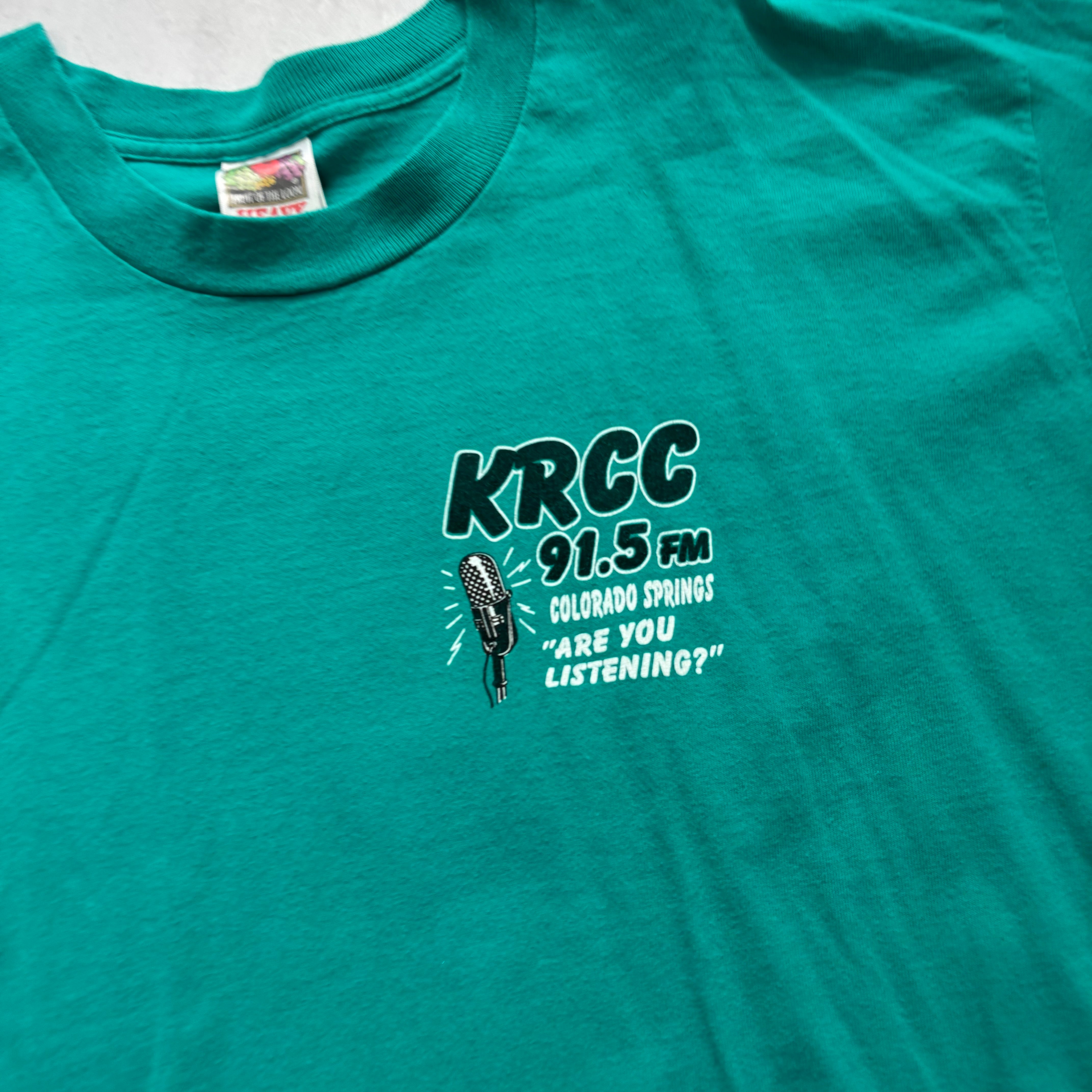 Vintage T Shirt Mens XL Teal Green Graphic Print 90s USA Radio (E)