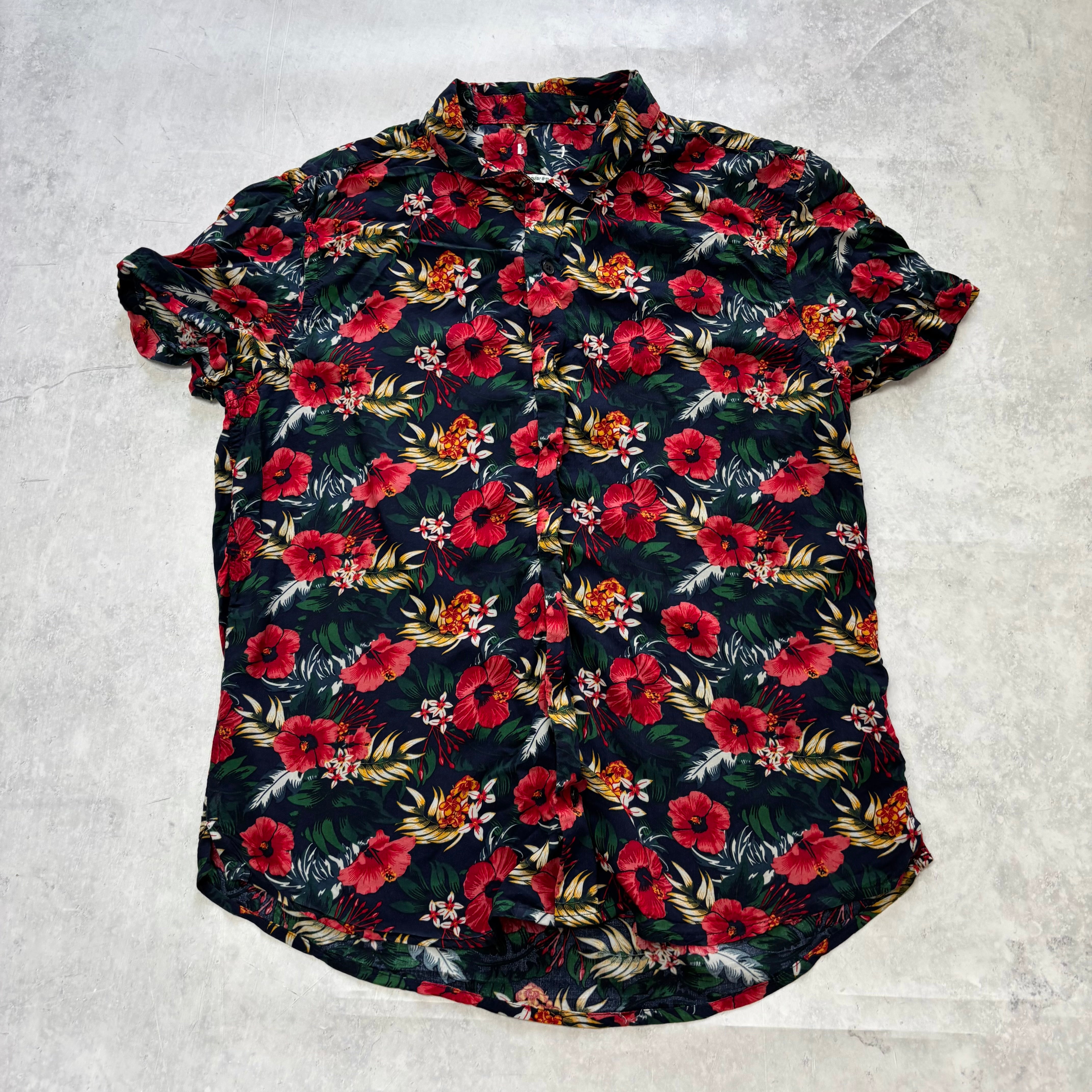 Hawaiian Shirt Mens Large Navy Multi Floral Short Sleeve Viscose Slim Fit (E)