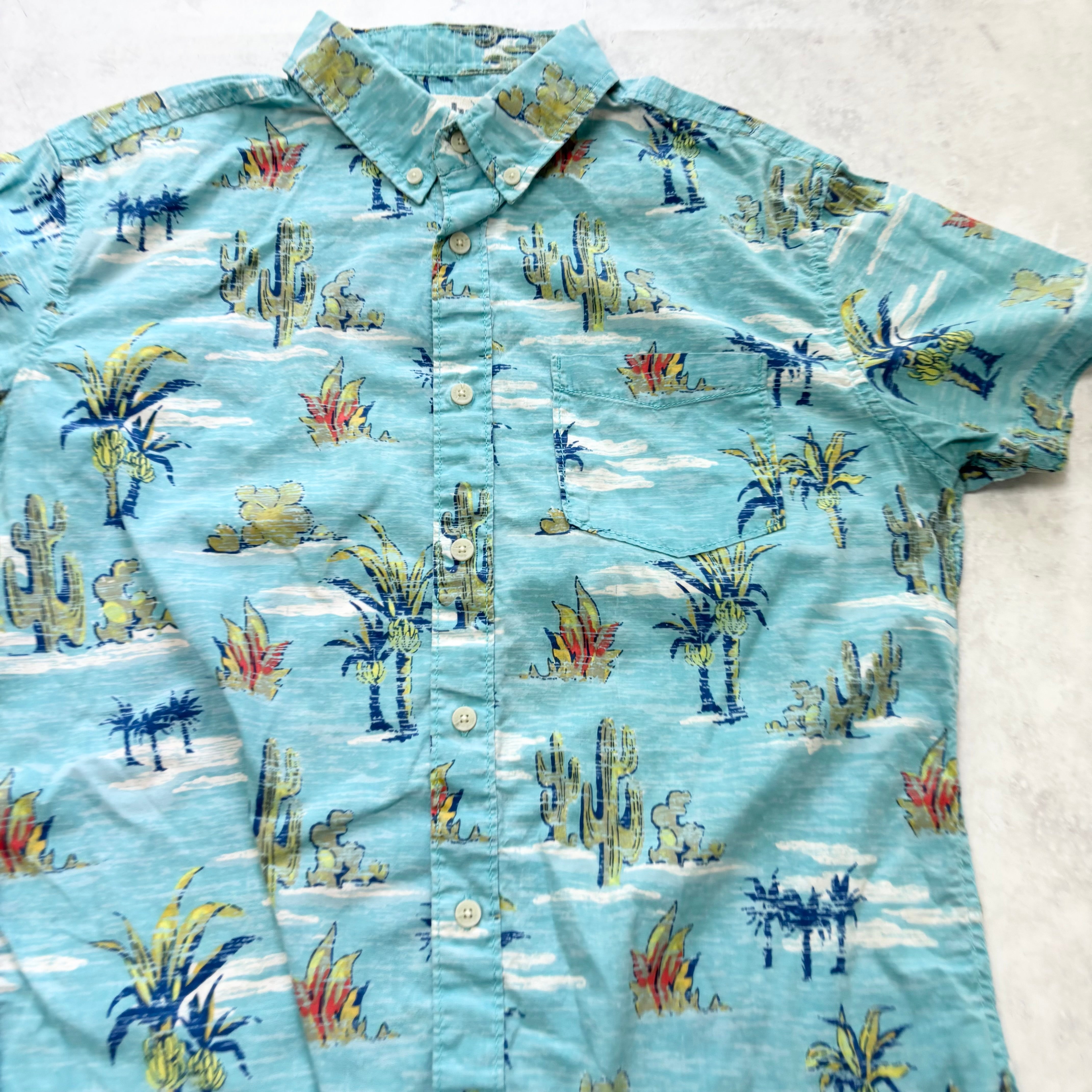 Hawaiian Shirt Mens Medium Blue Floral Aloha Short Sleeve Cotton Slim Fit (E)
