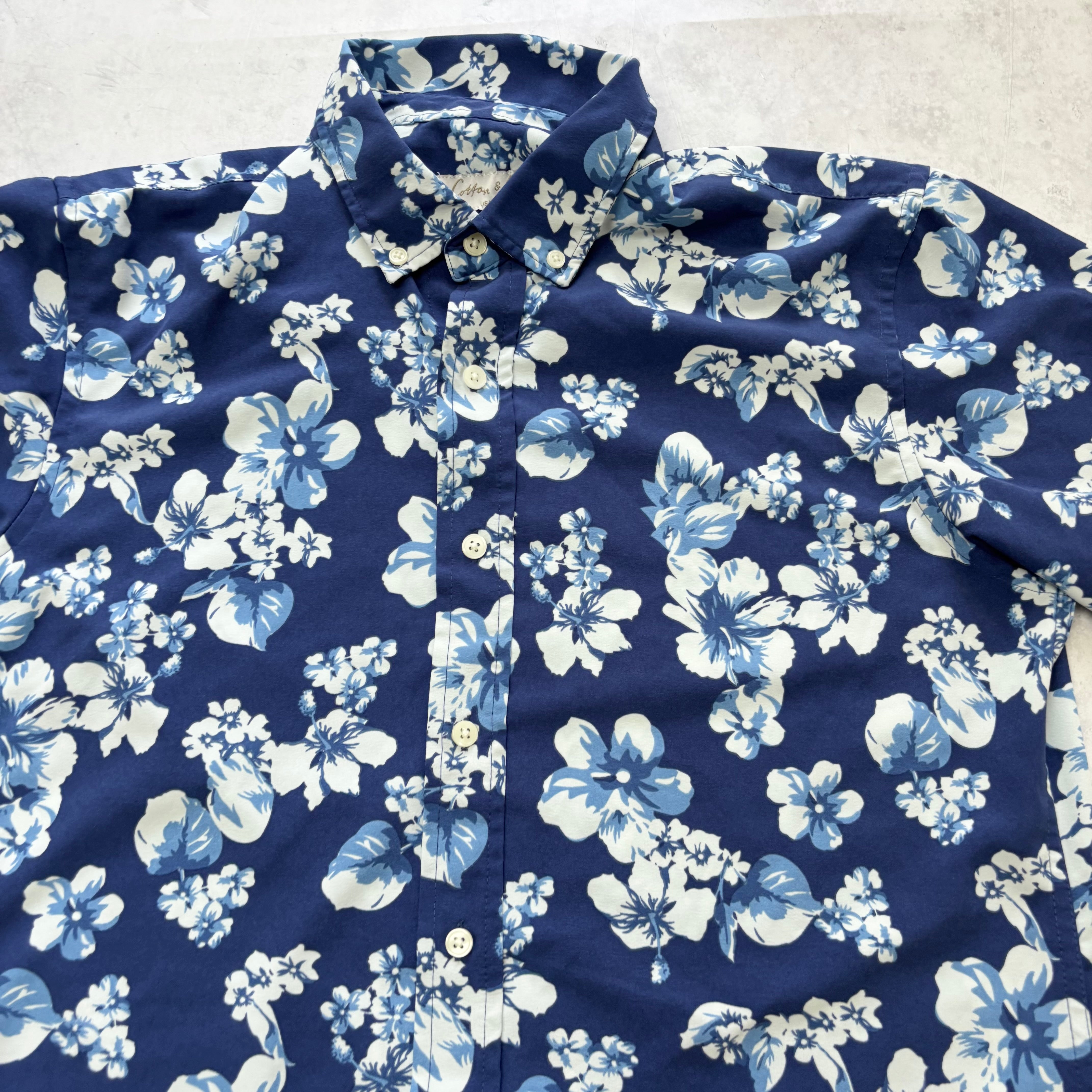 Hawaiian Shirt Mens Medium Blue Floral Aloha Short Sleeve Polyester Slim (E)