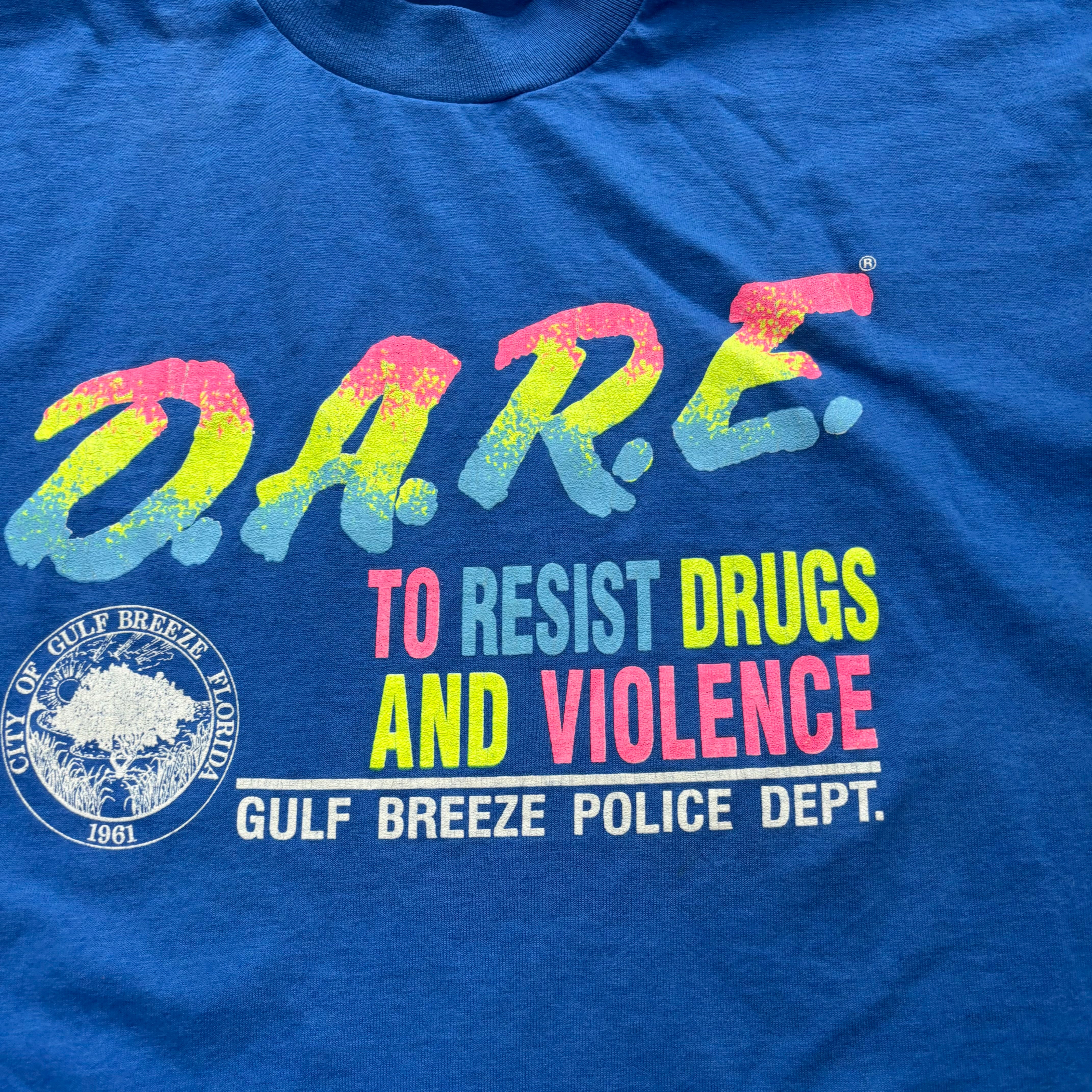 Vintage T Shirt Mens Medium Blue Single Stitch Graphic Print 90s DARE (E)