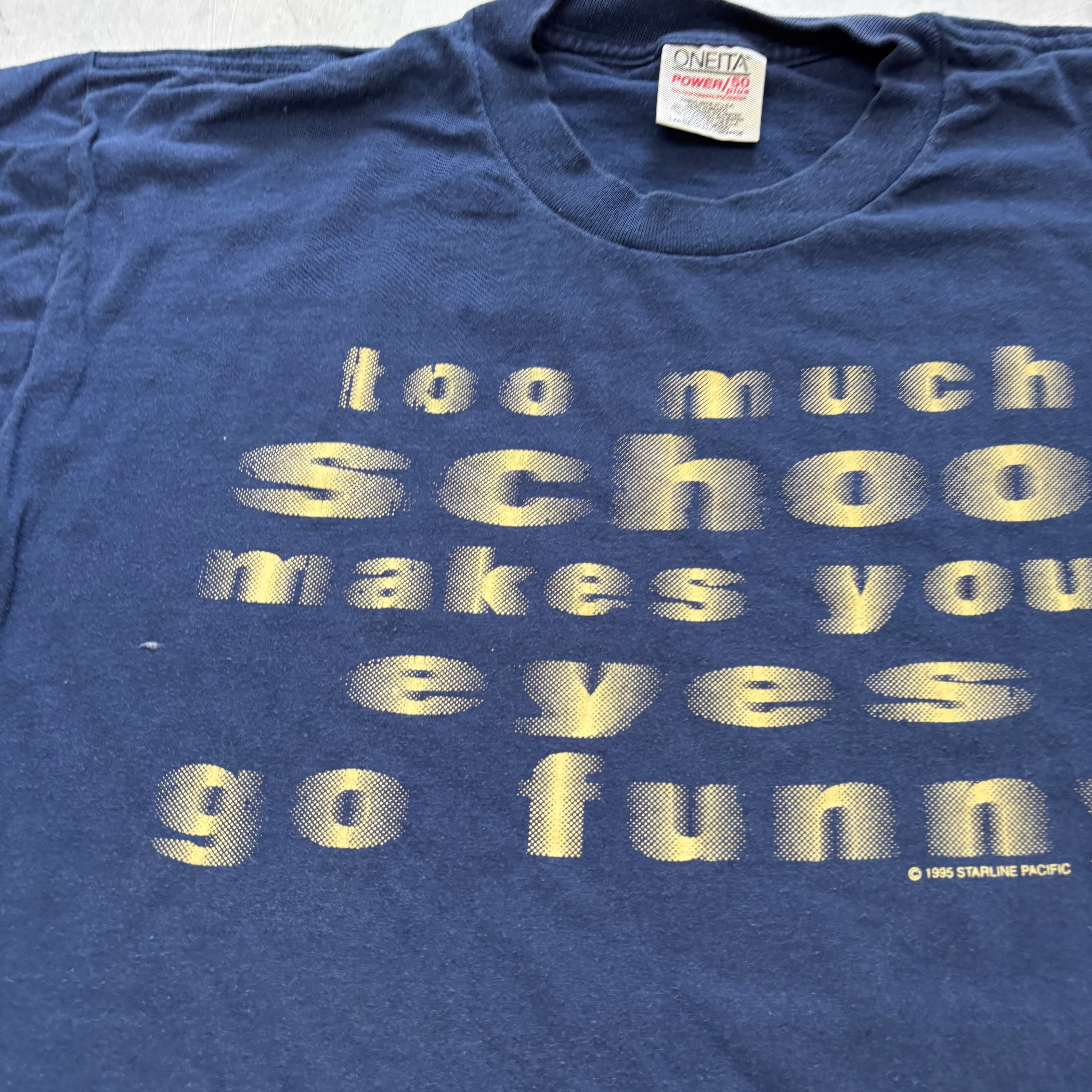Vintage T Shirt Mens Medium Navy Blue Single Stitch Graphic Print 90s Funny