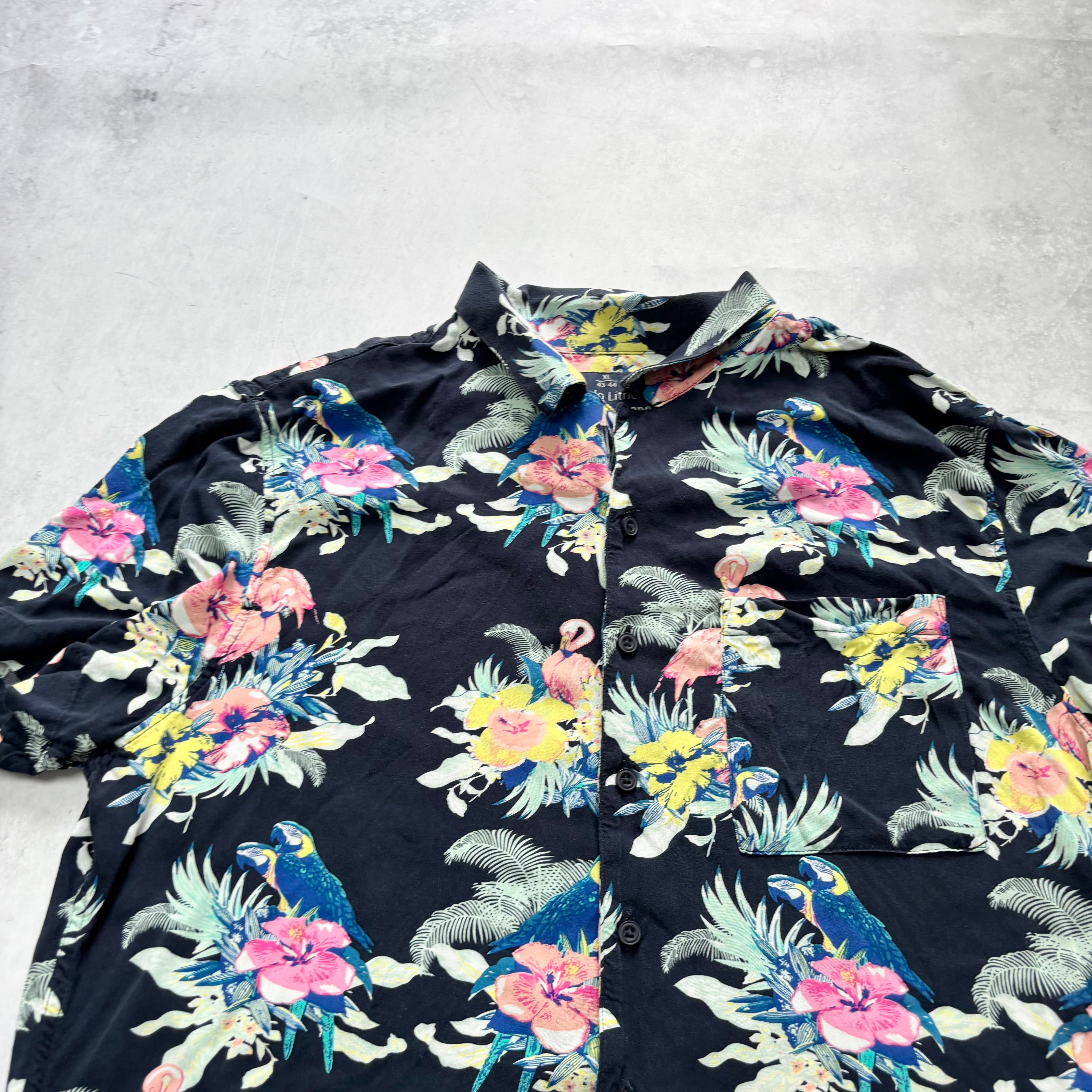 Hawaiian Shirt Mens XL Navy Floral Aloha Short Sleeve Viscose Slim Fit (E)
