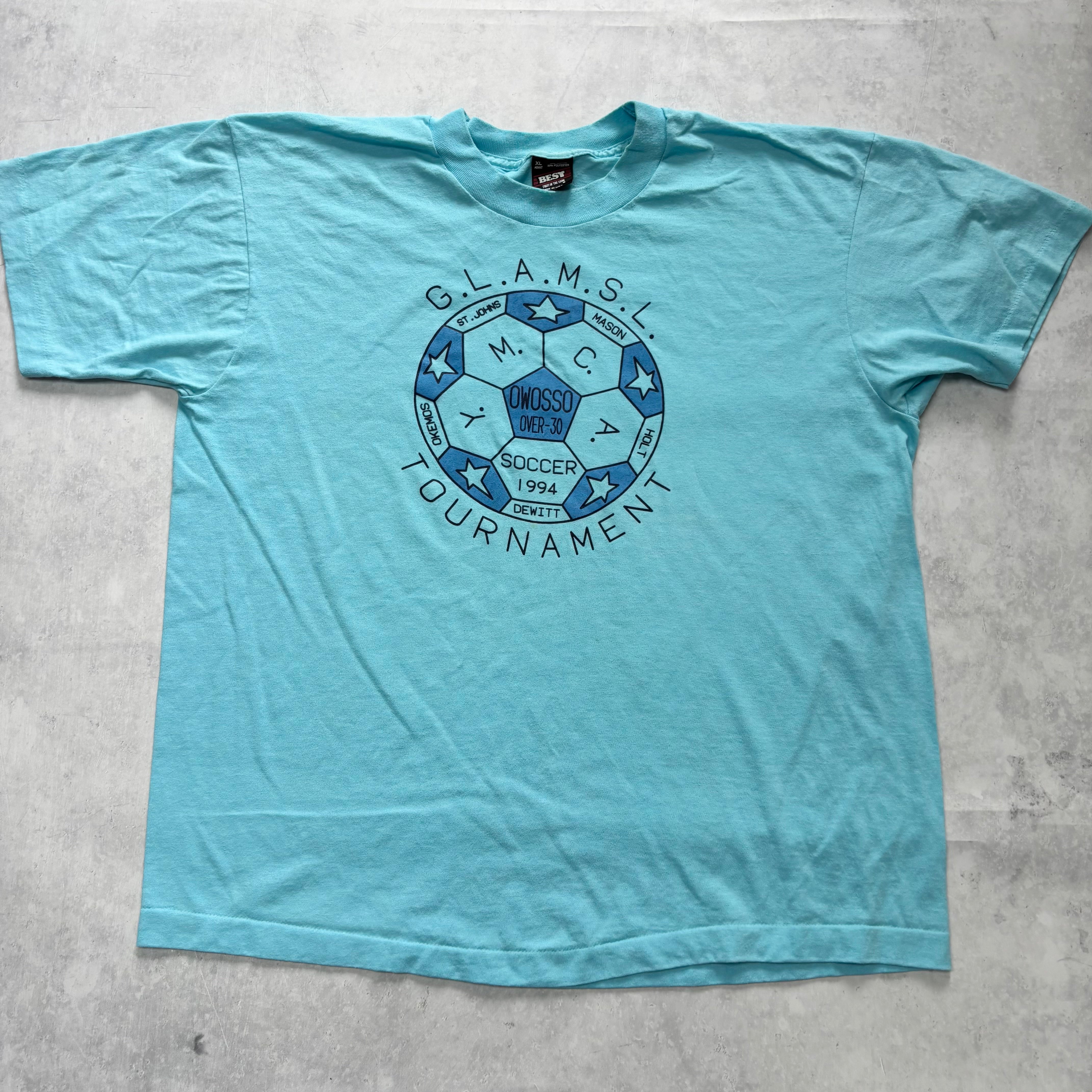 Vintage T Shirt Mens Large Blue Single Stitch Graphic Print 90s USA Soccer