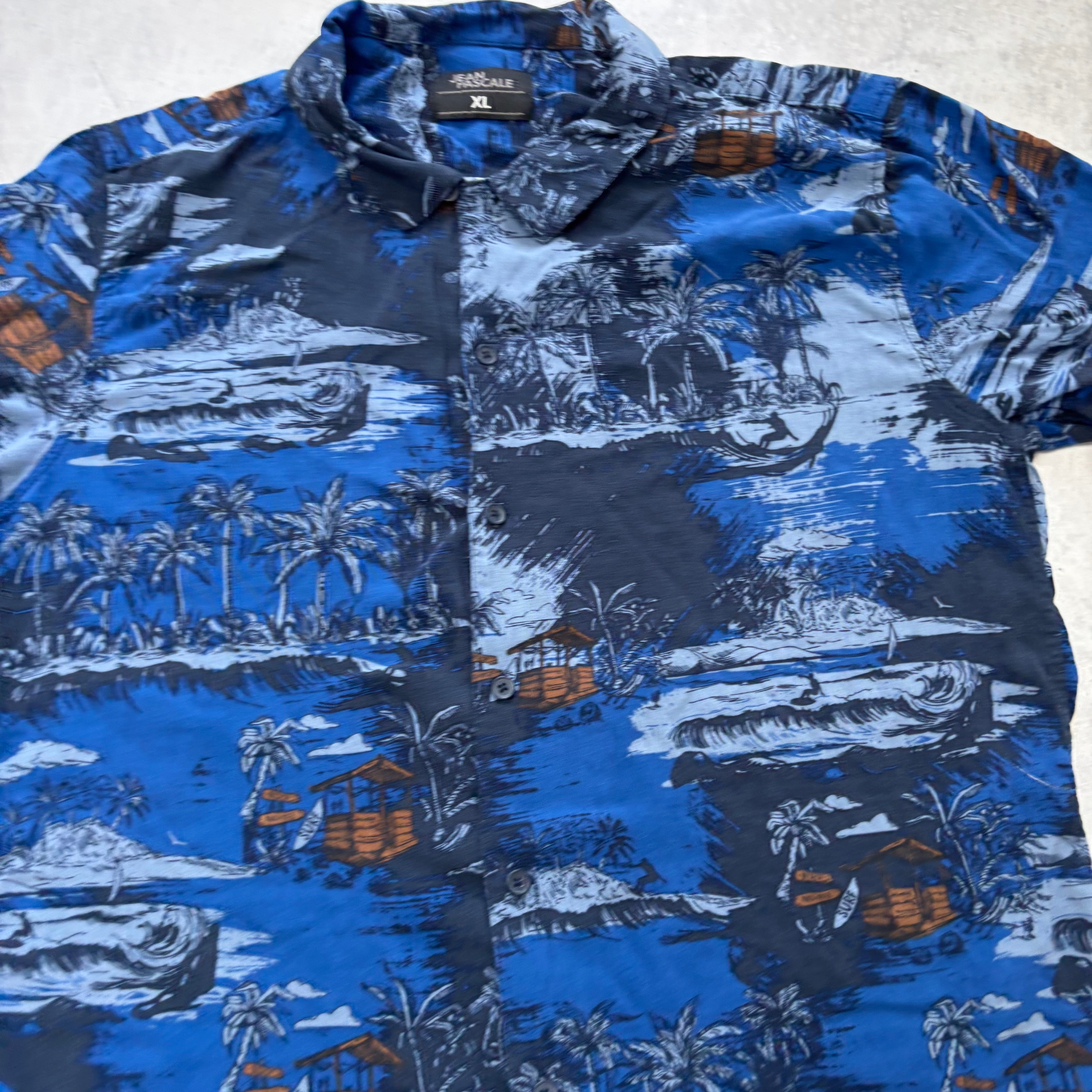 Hawaiian Shirt Mens XL Blue Floral Aloha Short Sleeve Slim Fit Viscose (E)