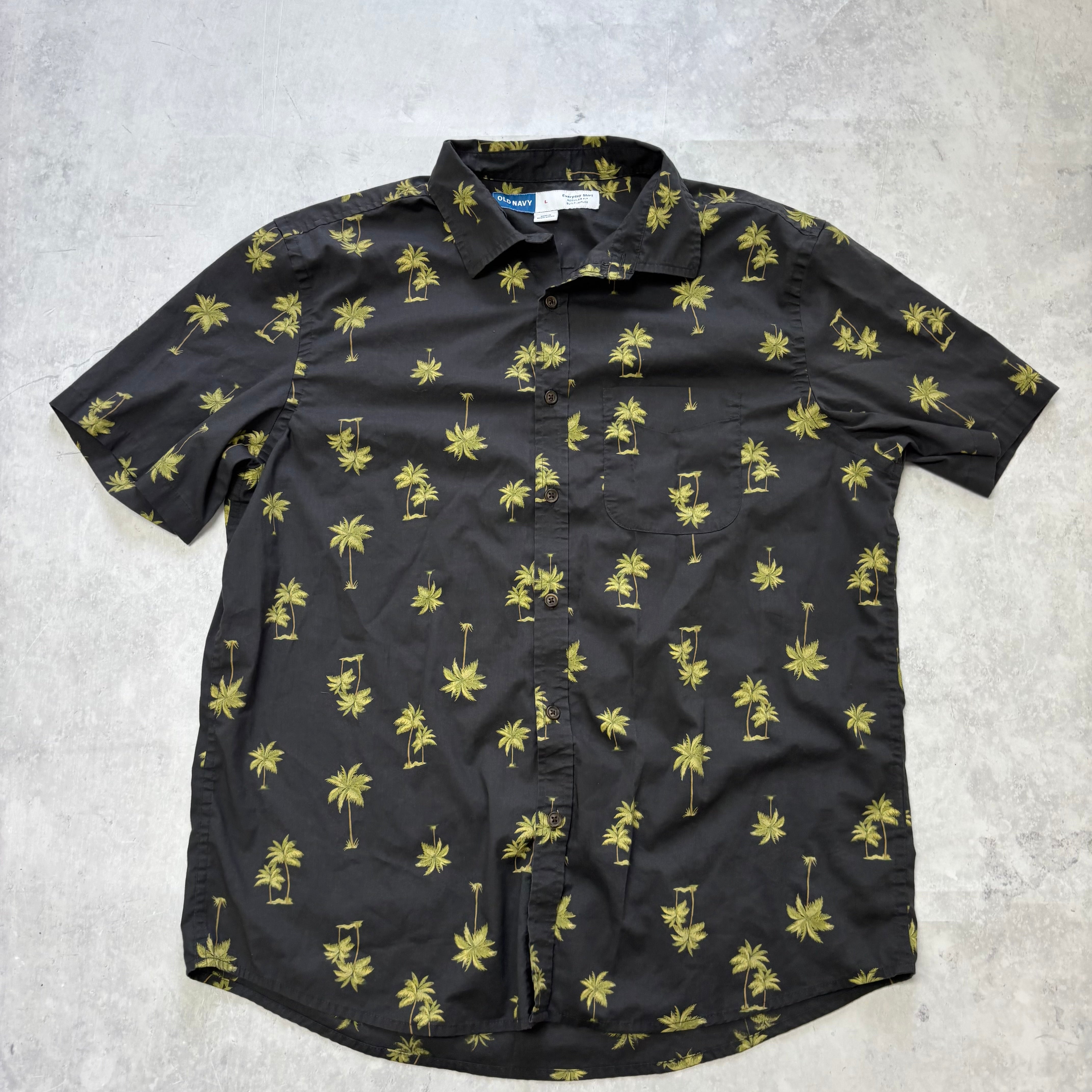 Old Navy Hawaiian Shirt Mens Large Grey Short Sleeve Regular Fit Cotton (E)