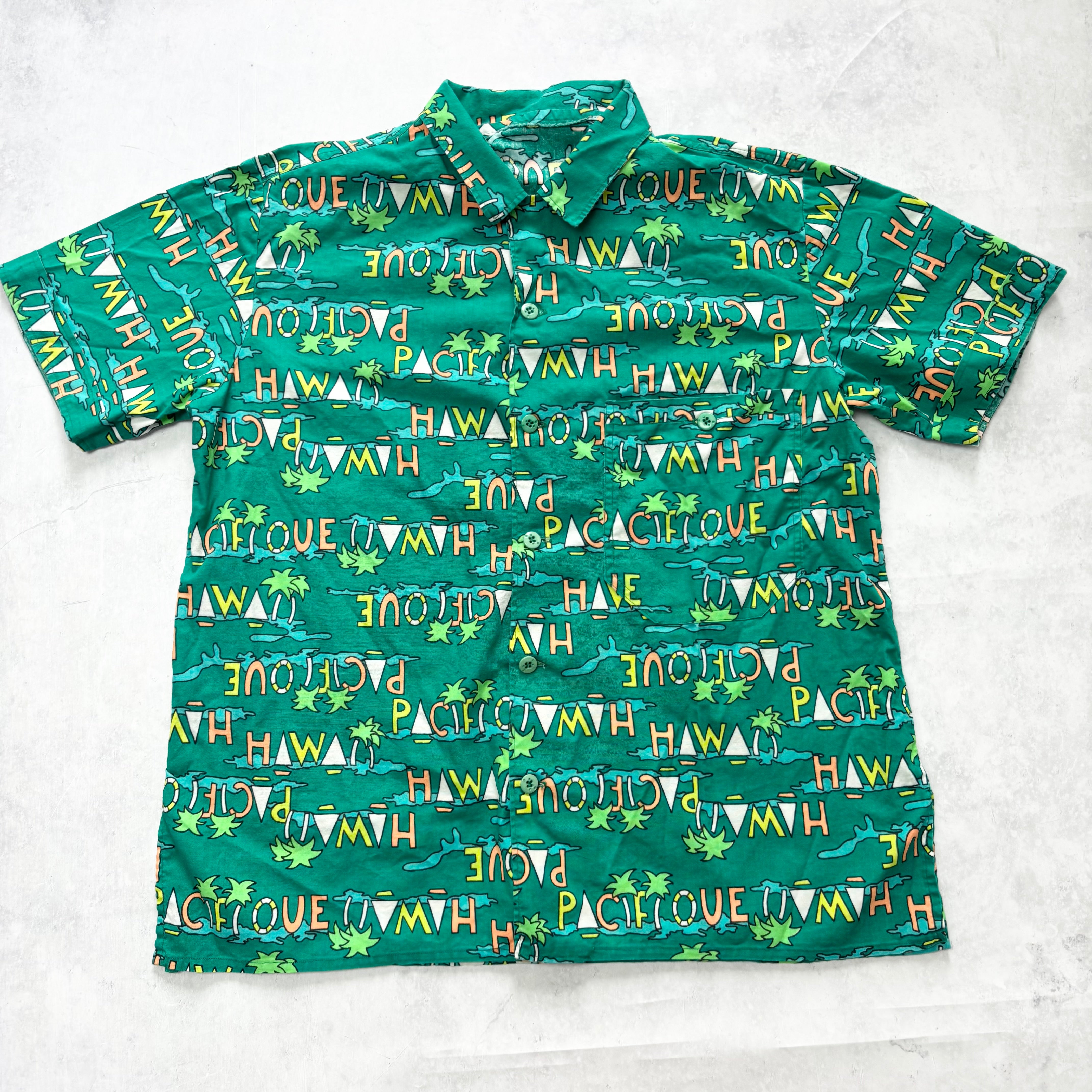 Vintage Hawaiian Shirt Mens Large Green Aloha Short Sleeve (E)