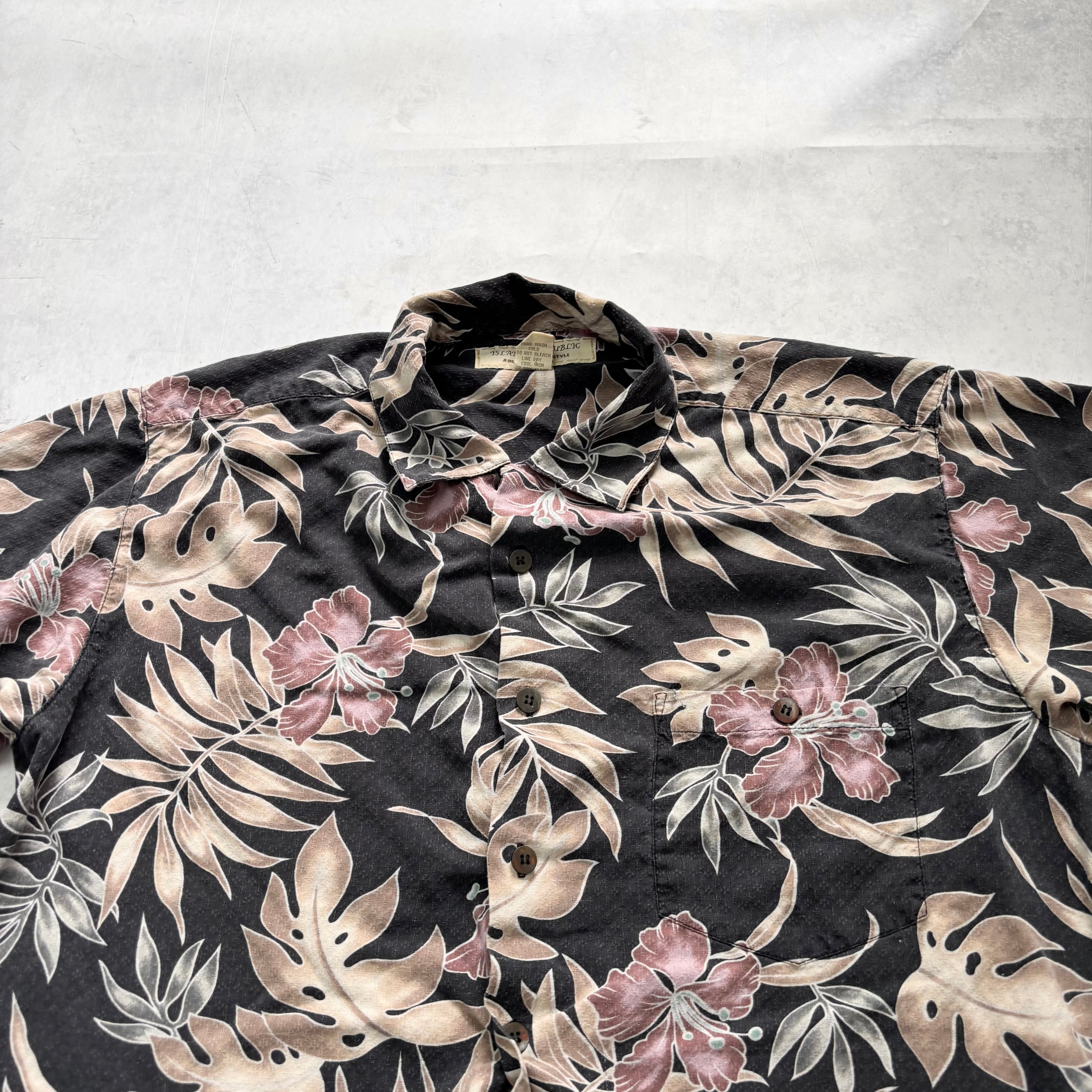 Vintage Hawaiian Shirt Mens Medium Black Floral Aloha Short Sleeve Silk (E)