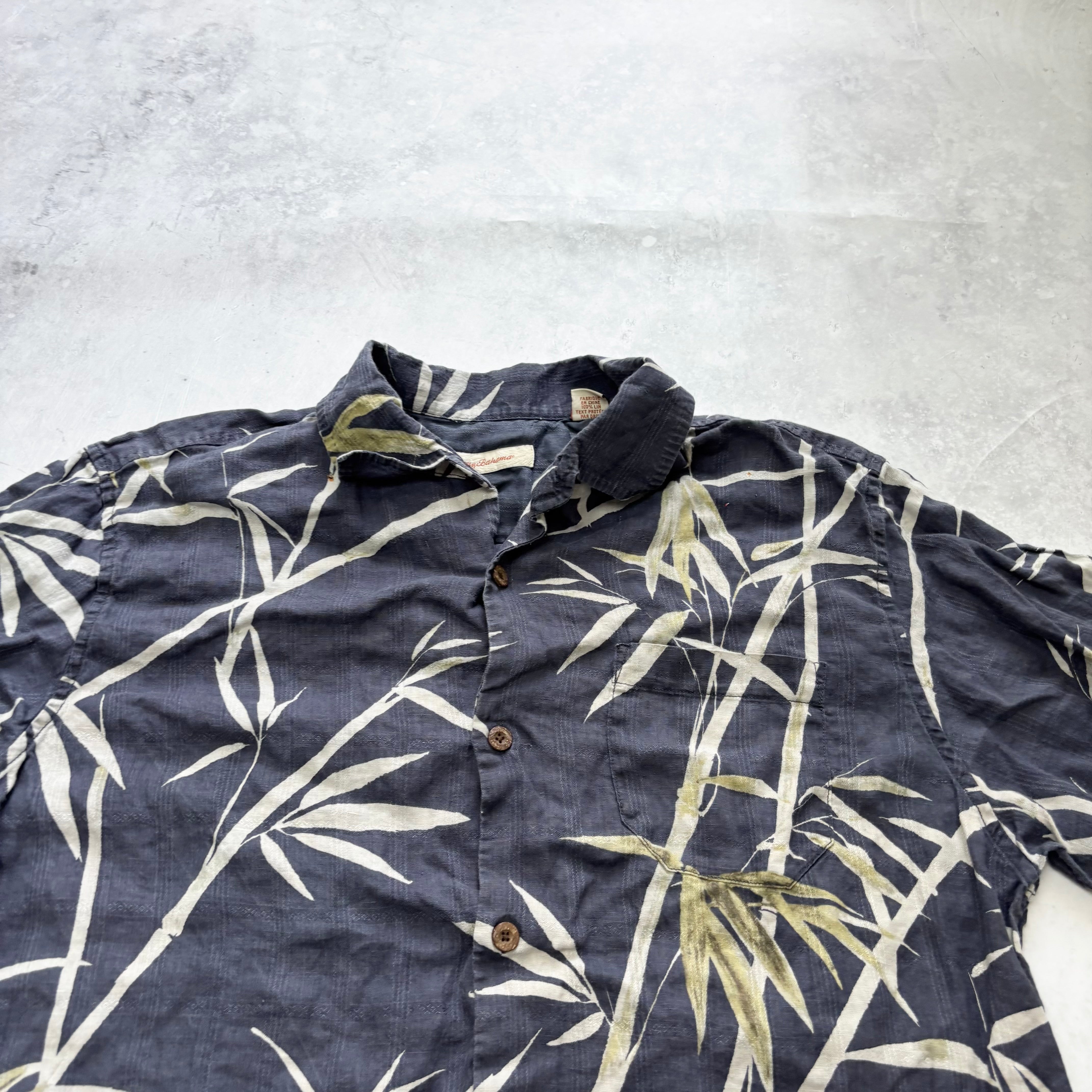 Vintage Hawaiian Shirt Mens XL Navy Blue Floral Aloha Short Sleeve Linen (F)