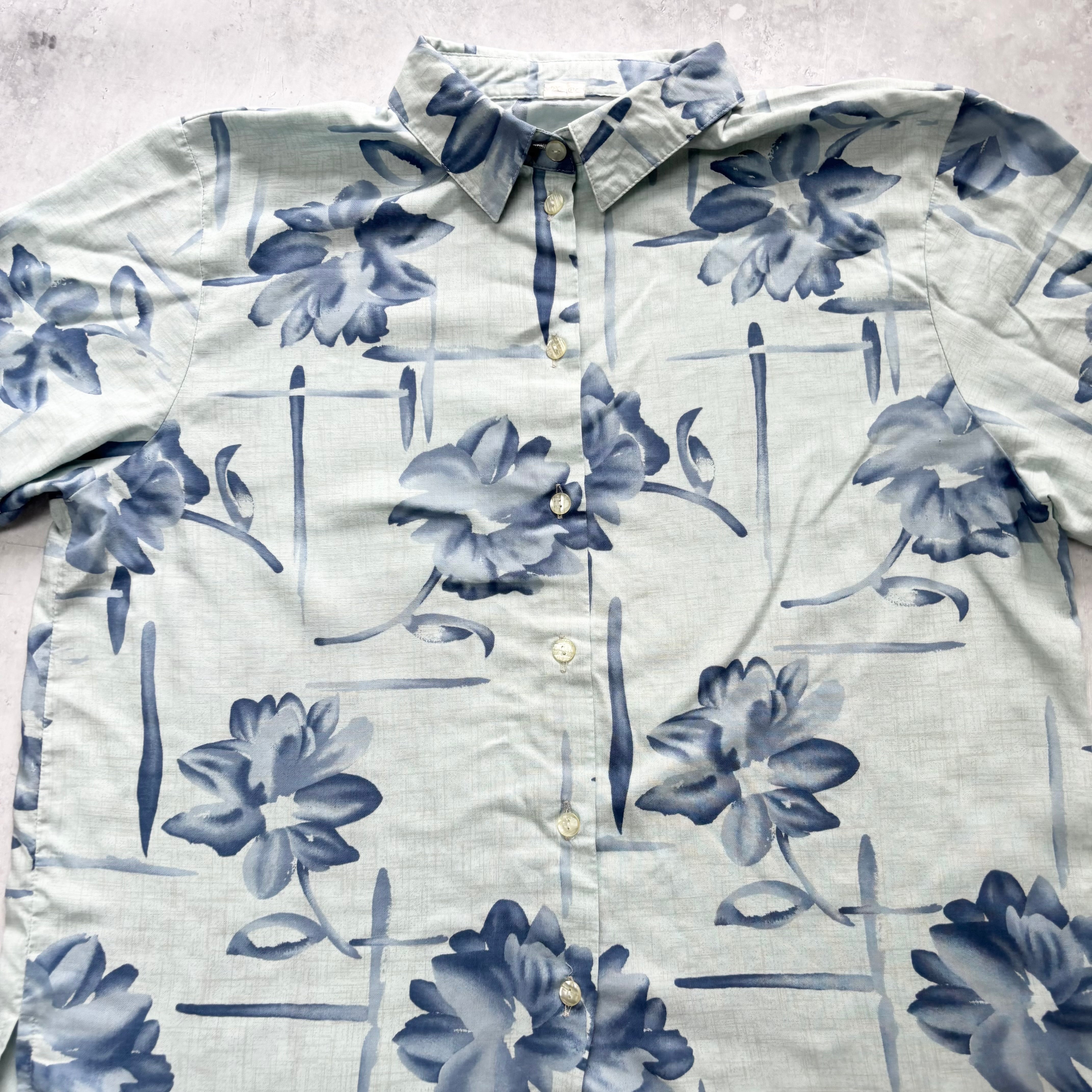 Vintage Hawaiian Shirt Mens Large Blue Floral Aloha Short Sleeve Viscose (E)