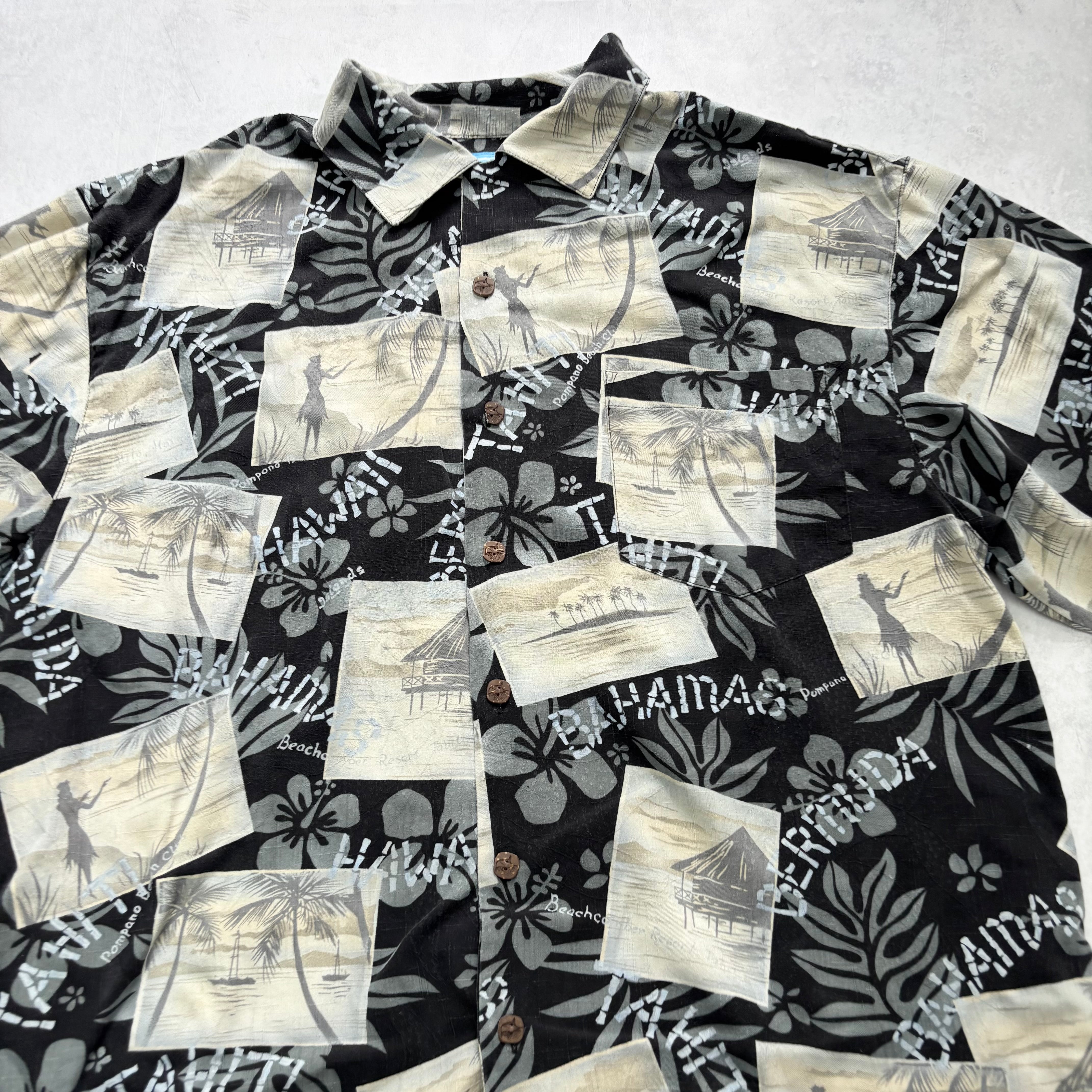 Vintage Hawaiian Shirt Mens Large Black Floral Aloha Short Sleeve Silk (E)