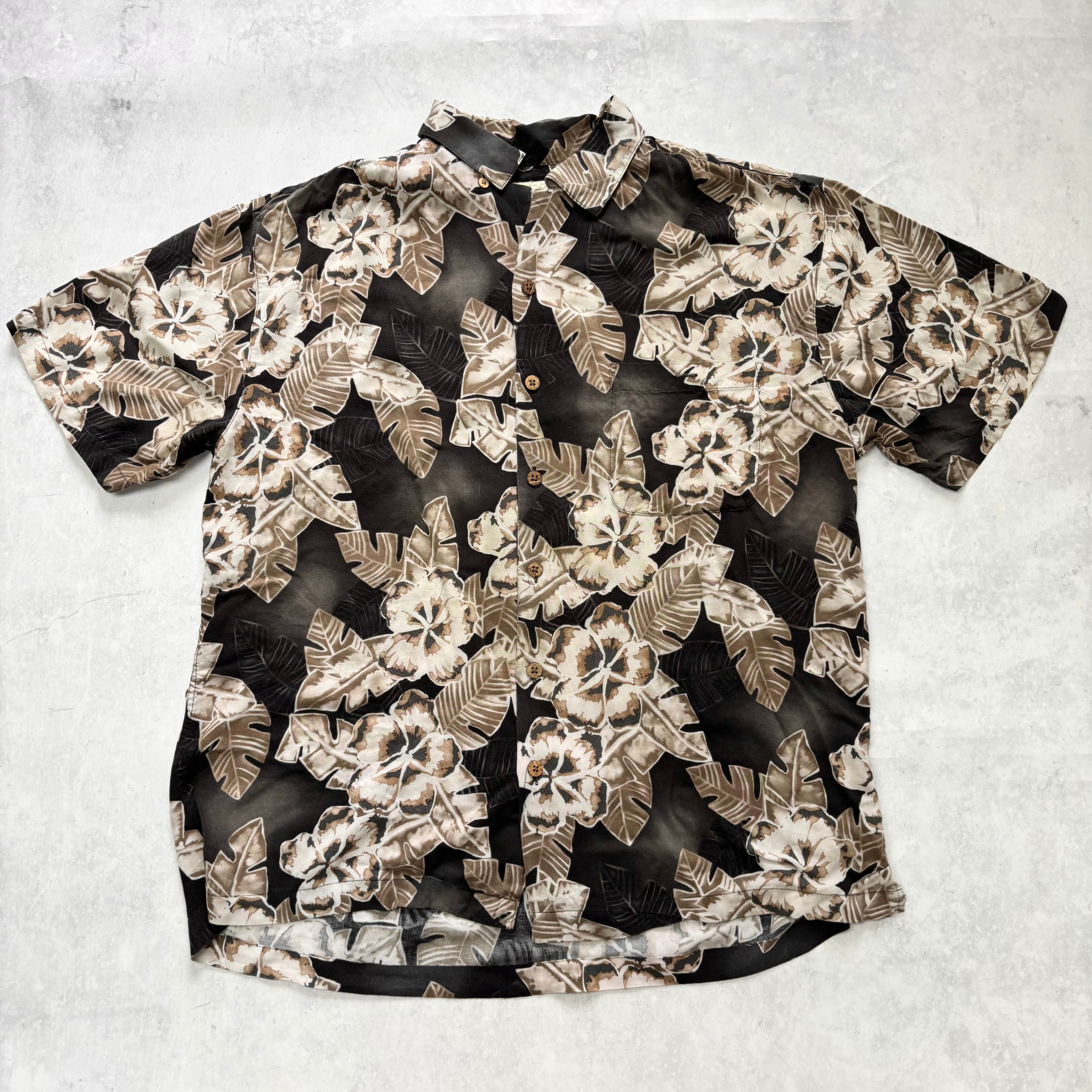 Vintage Hawaiian Shirt Mens Large Black Floral Aloha Short Sleeve Rayon (E)