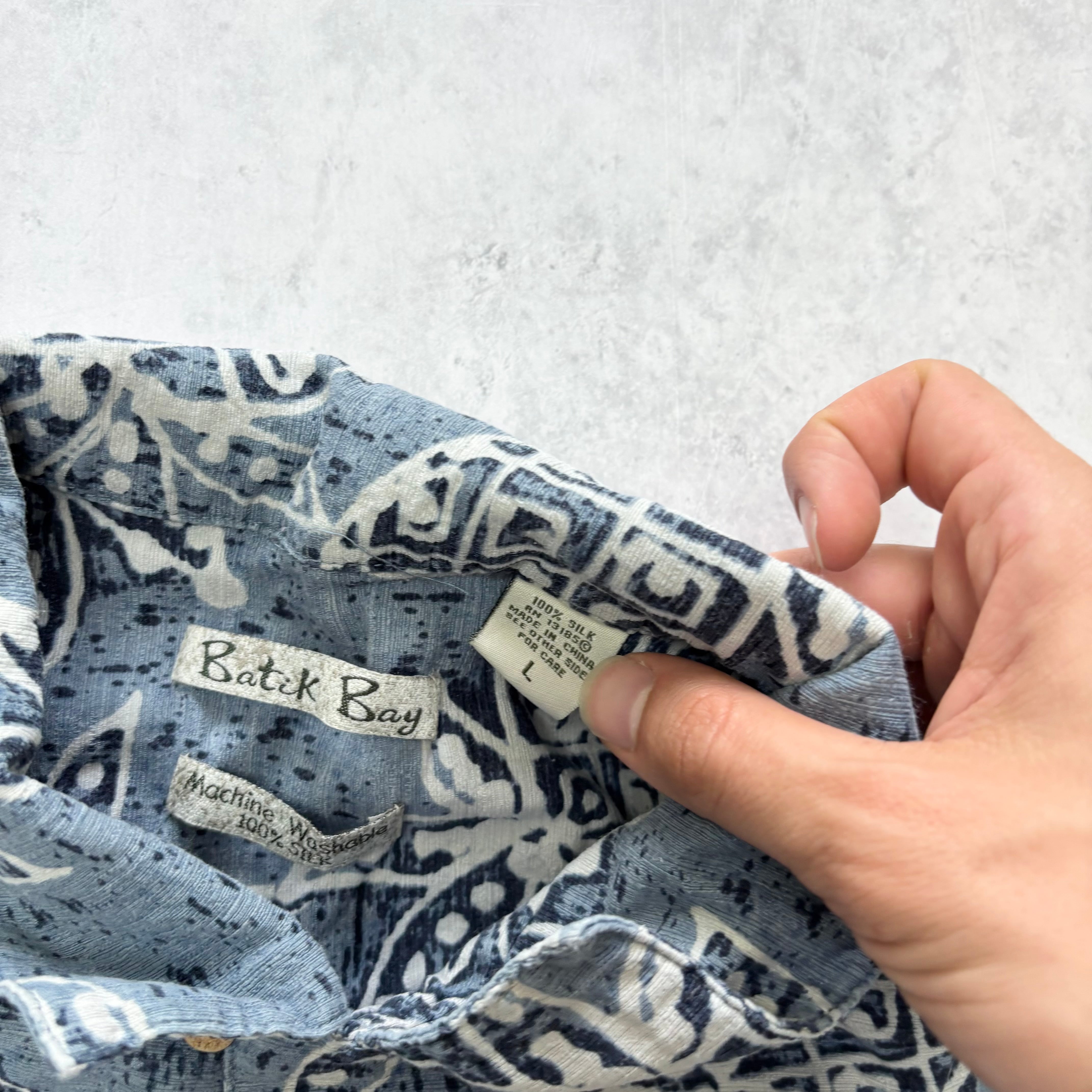 Hawaiian Shirt Mens Large Blue Floral Aloha Short Sleeve Silk Boxy Fit (E)