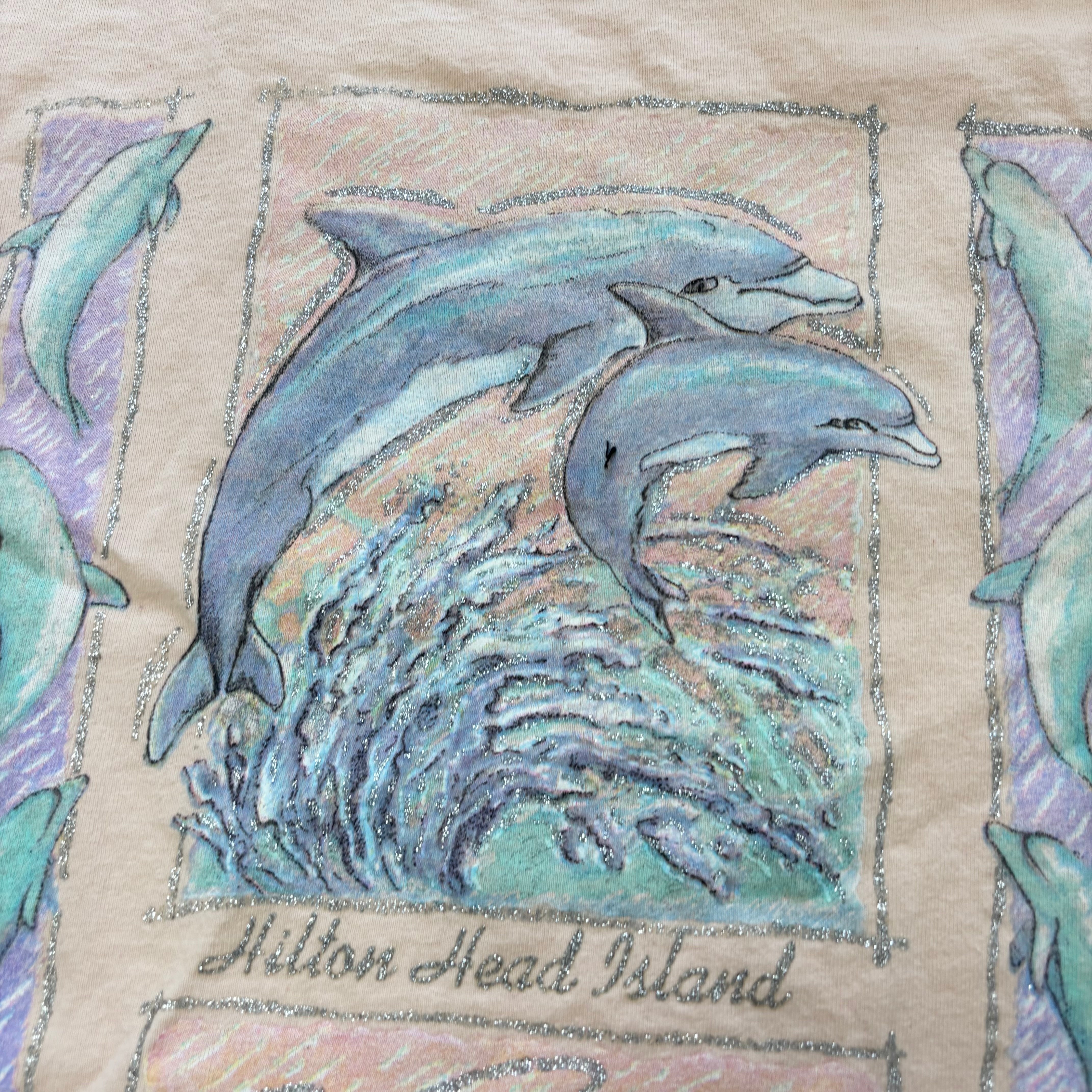 Vintage T Shirt Mens Medium Peach Single Stitch Graphic Print 90s Dolphins (E)