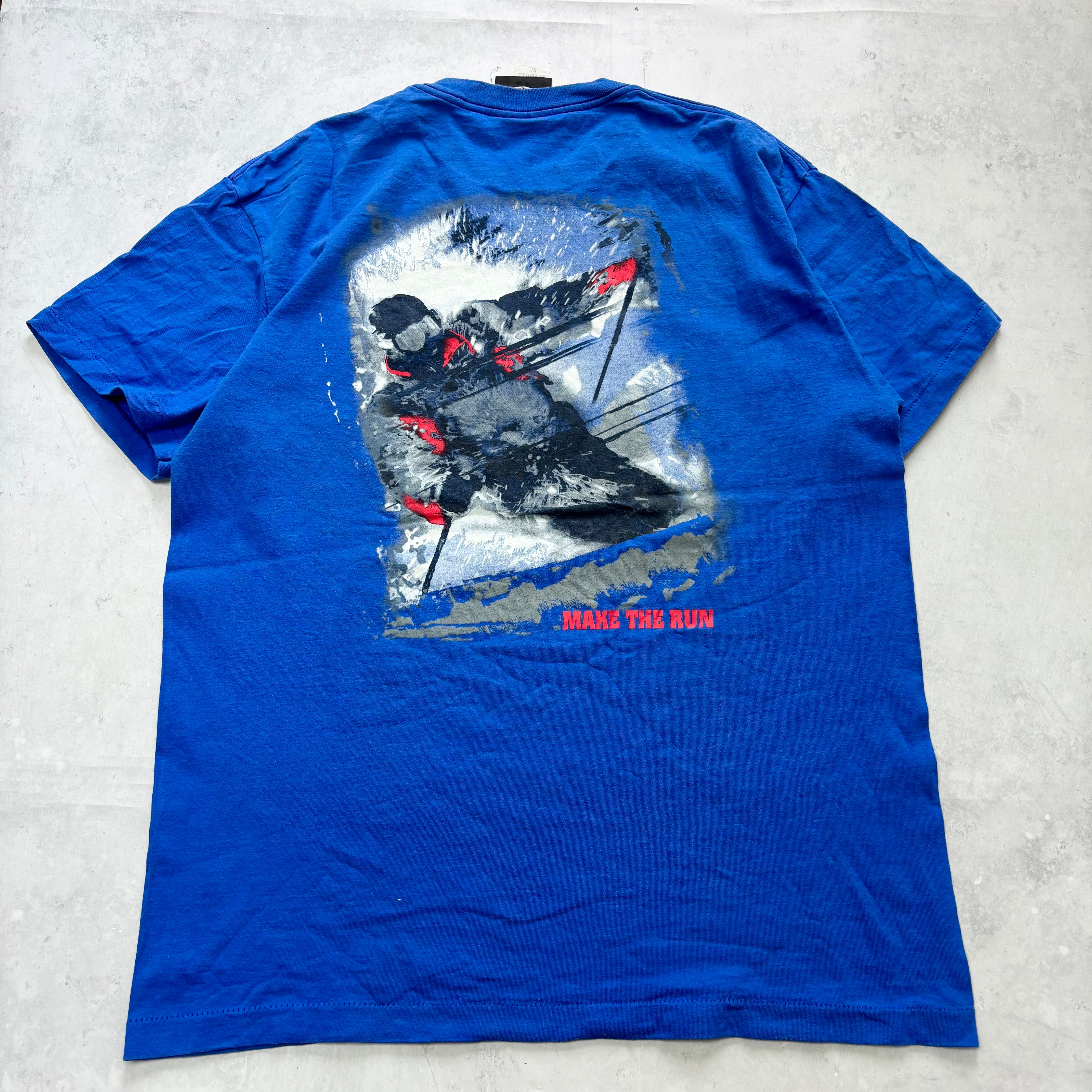 Vintage T Shirt Mens XL Blue Single Stitch Graphic Print 90s Ski Pocket