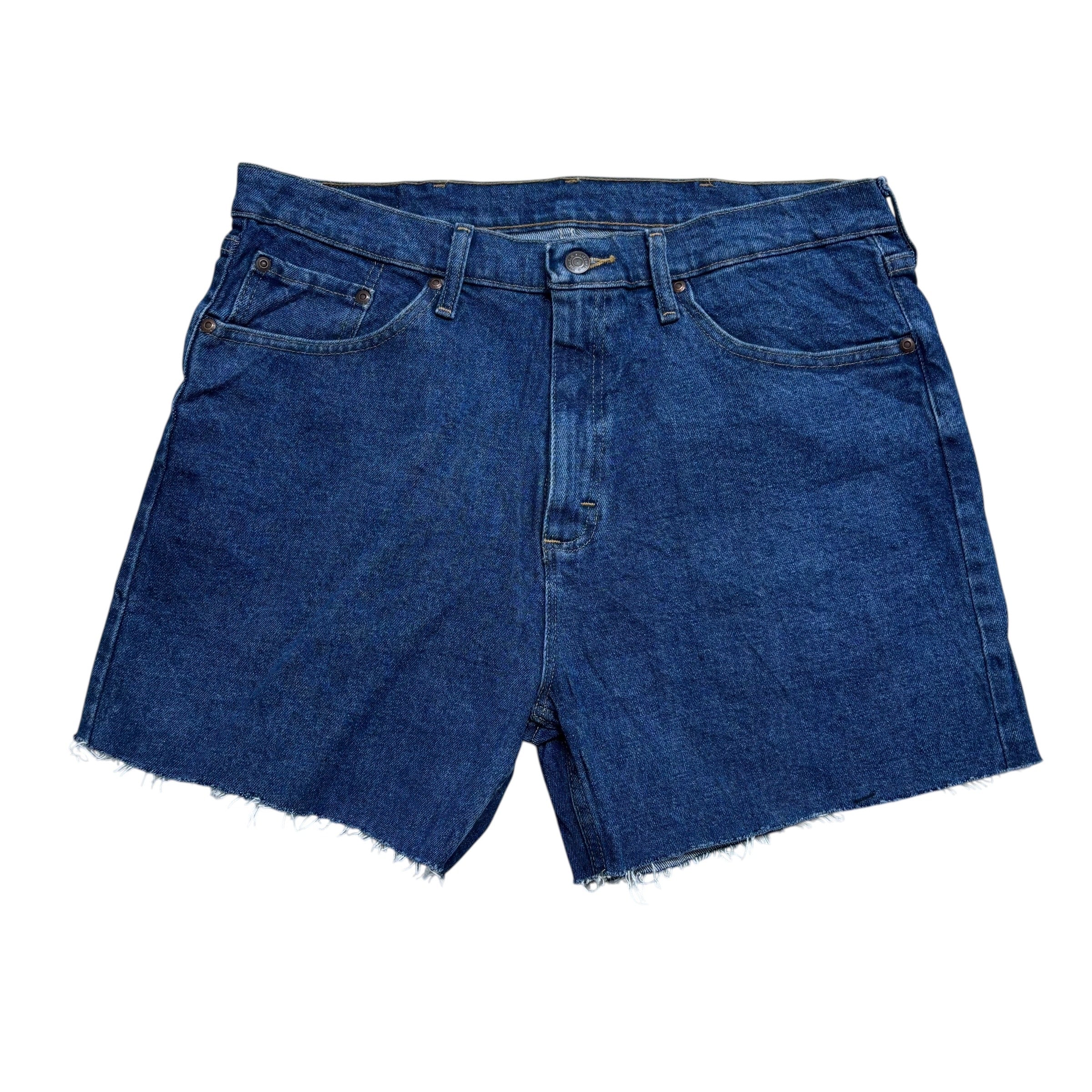 Wrangler Denim Shorts W34 Mens Mid Blue Cut Off Regular Fit Stretch 5in