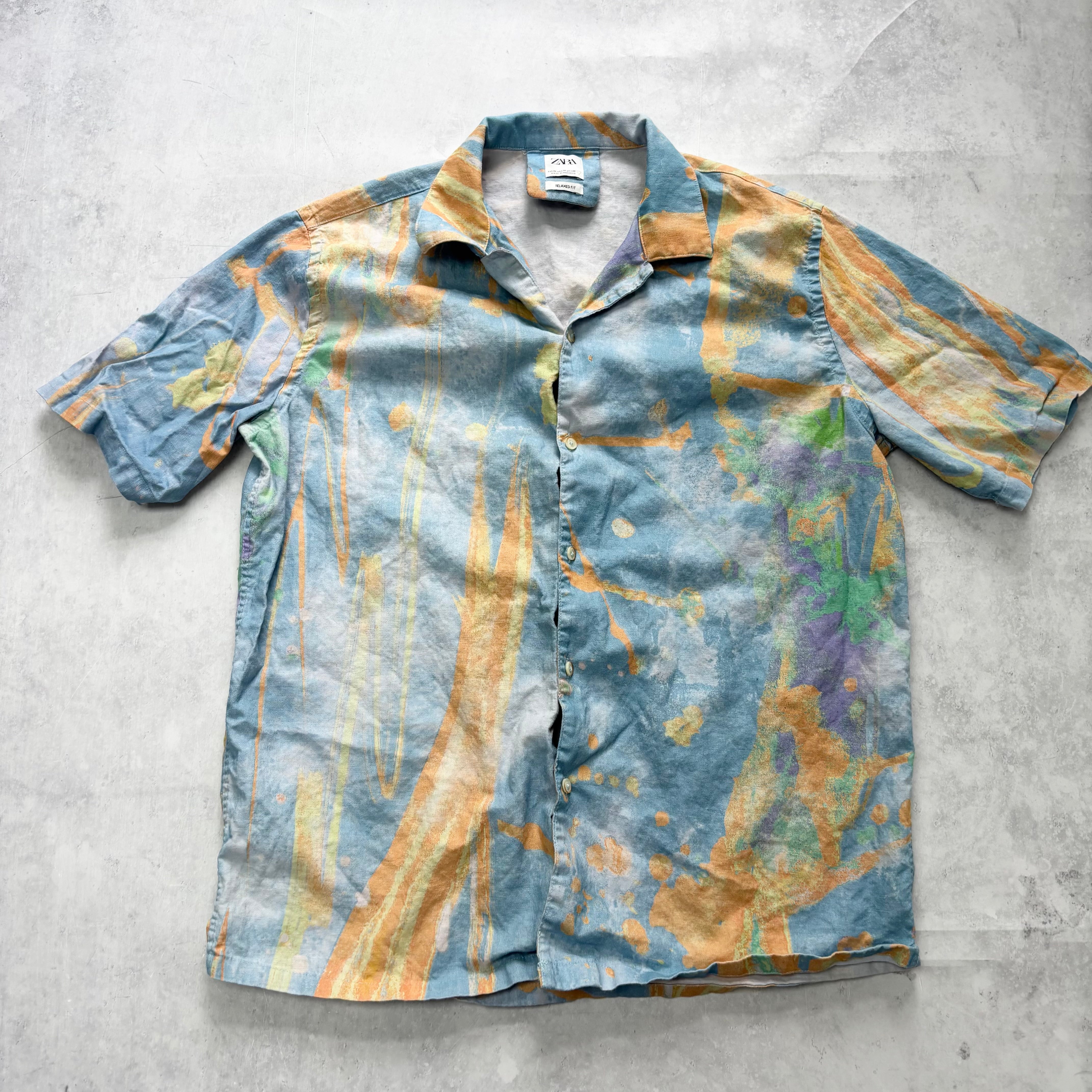 Zara Shirt Mens Medium Linen Art Abstract Relaxed Fit (E)