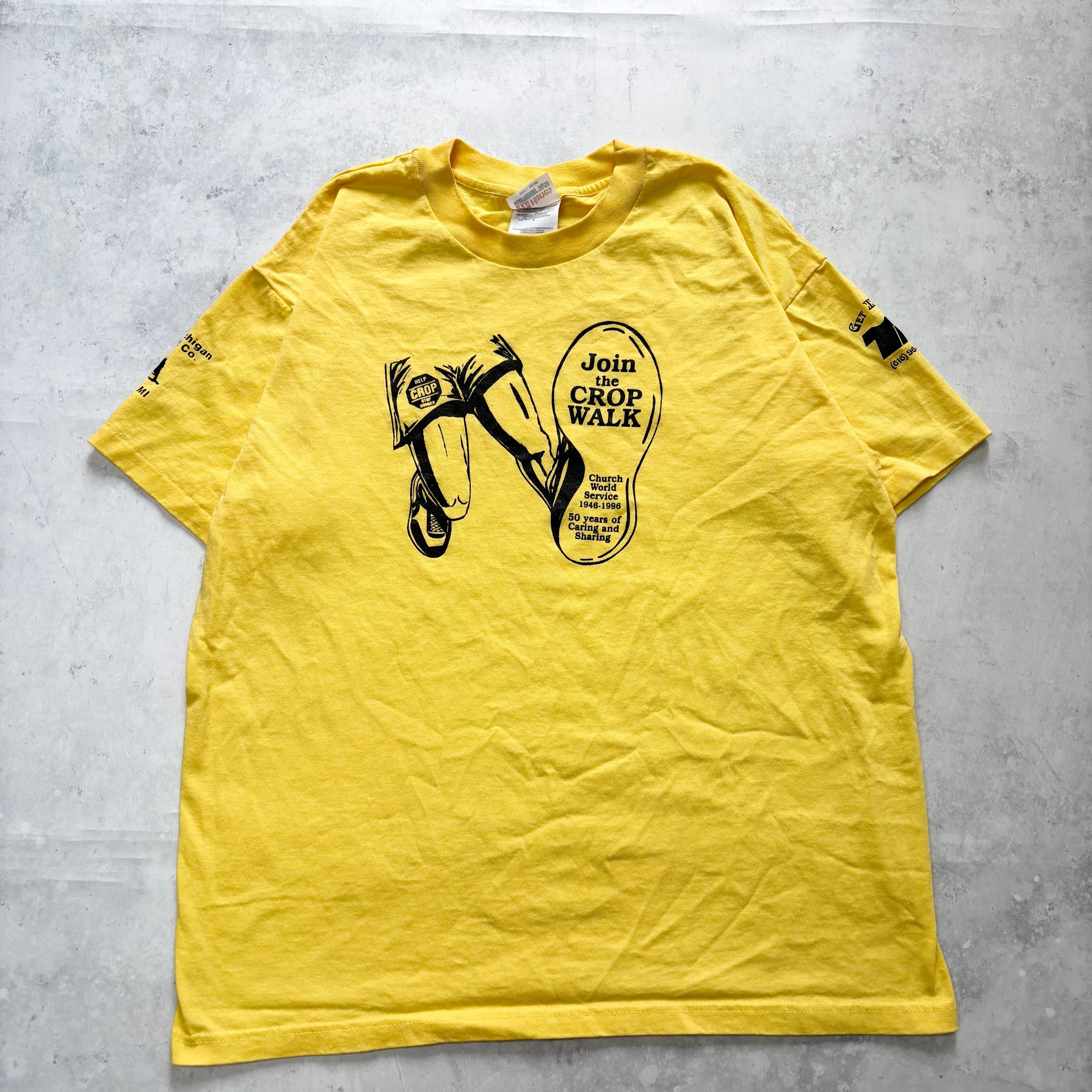 Vintage T Shirt Mens Large Yellow Single Stitch Graphic Print 90s USA Walk (E)