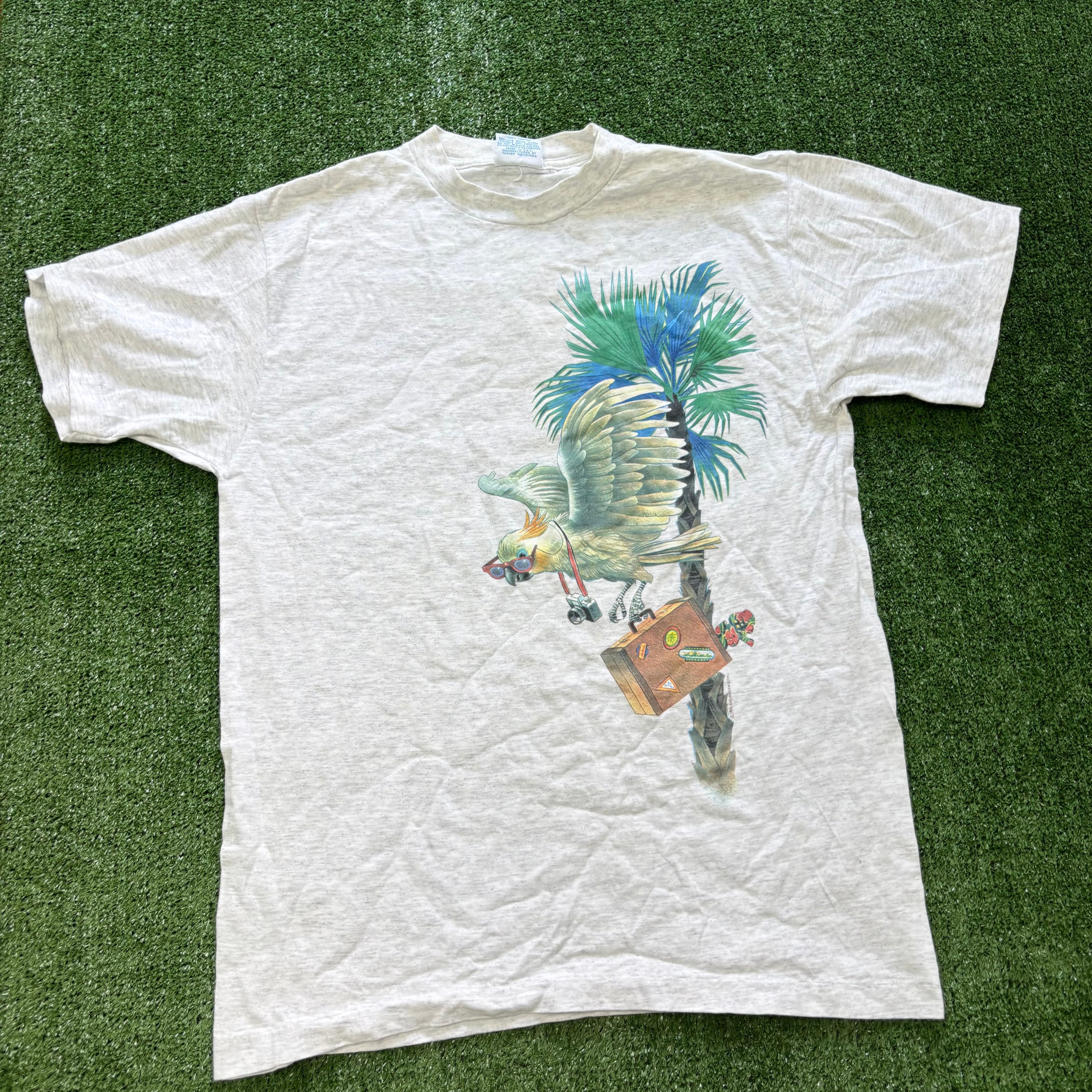 Vintage T Shirt Mens Medium Grey Single Stitch Graphic Print 90s Parrot (E)