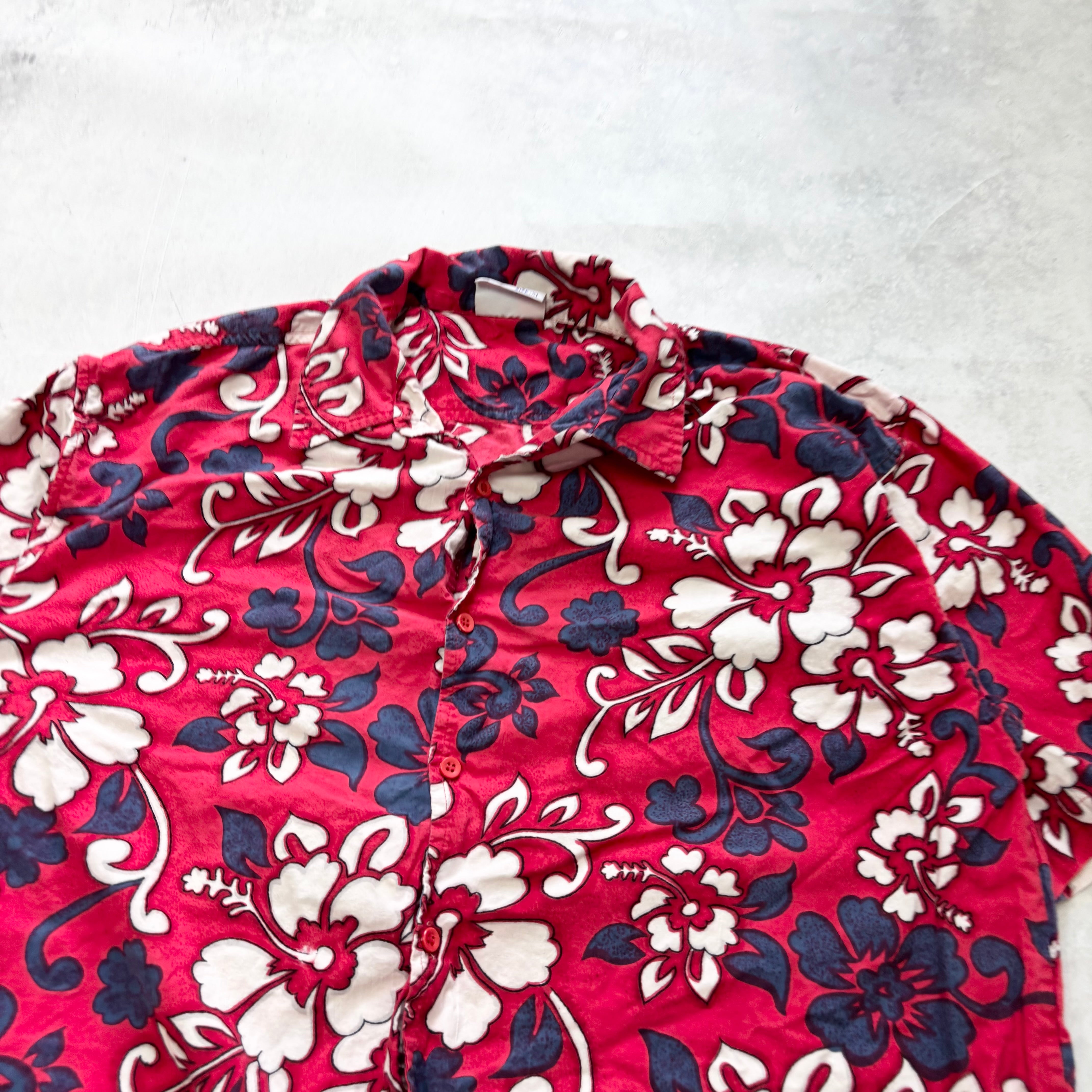 Hawaiian Shirt Mens XL Red Floral Aloha Short Sleeve Cotton Funky (E)