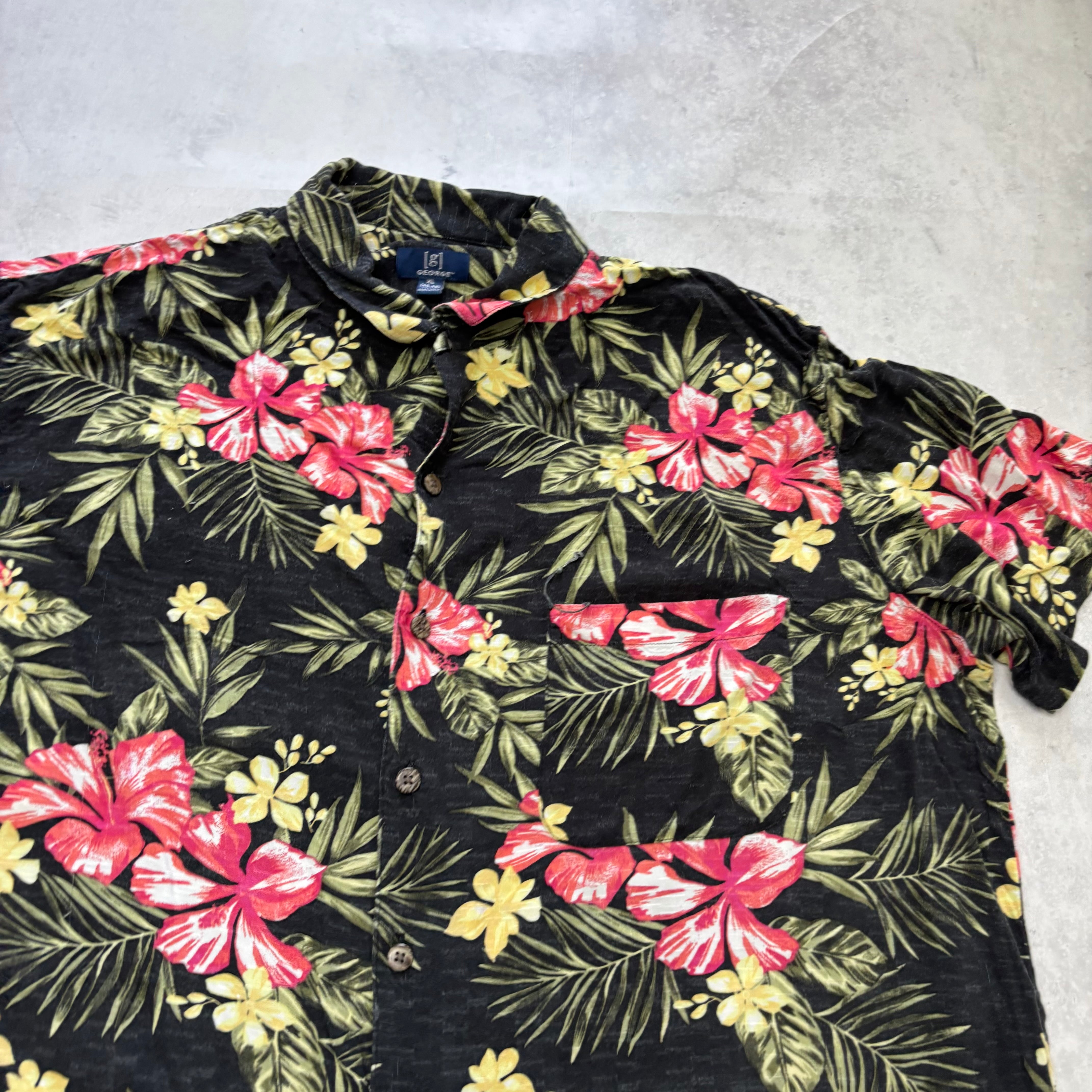 George Hawaiian Shirt Mens XL Black Rayon Floral Aloha Short Sleeve (E)