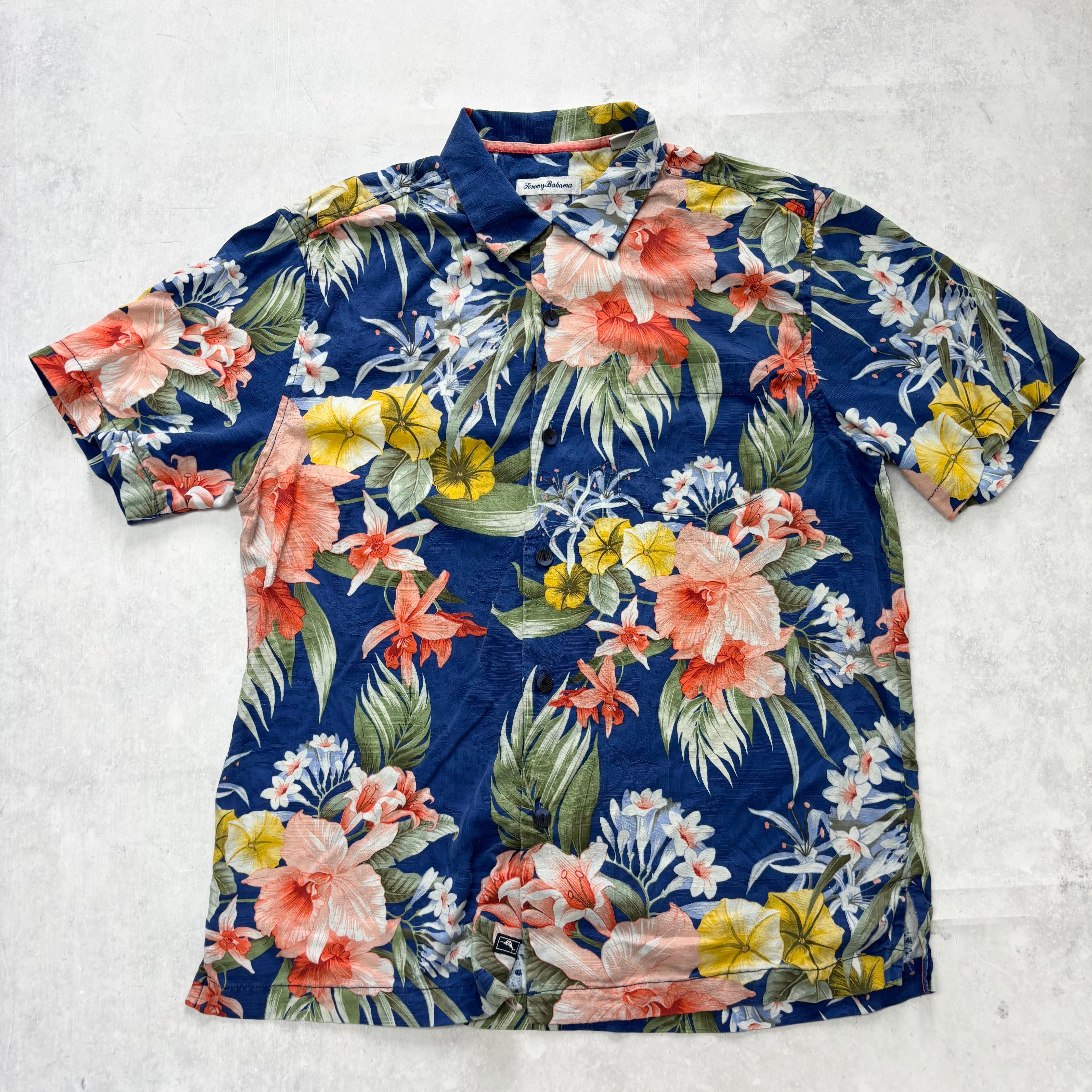 Tommy Bahama Hawaiian Shirt Mens Medium Blue Short Sleeve Silk (E)